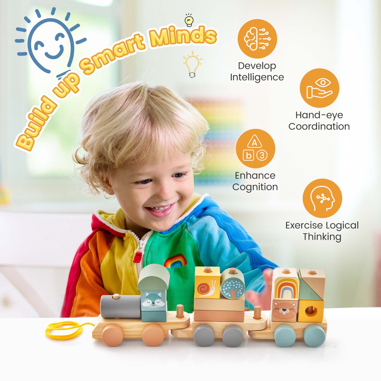 Costway Kids Wooden Toy Train Set 3-Section with Stacking Blocks Baby Toddler Education