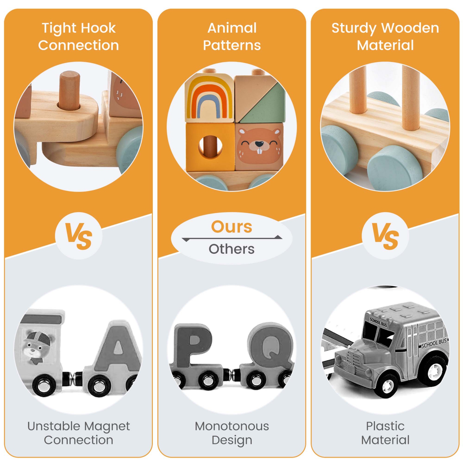 Costway Kids Wooden Toy Train Set 3-Section with Stacking Blocks Baby Toddler Education