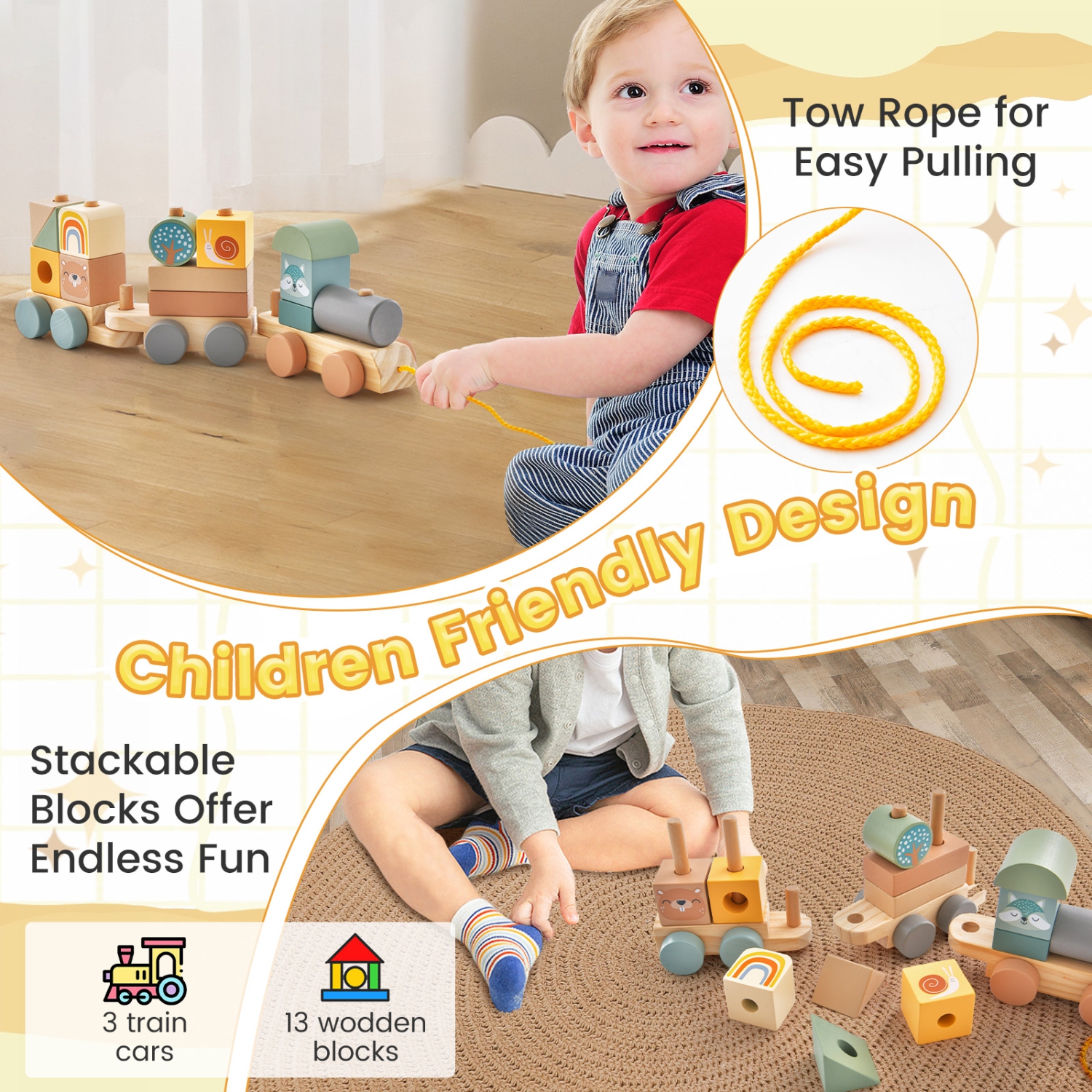 Costway Kids Wooden Toy Train Set 3-Section with Stacking Blocks Baby Toddler Education