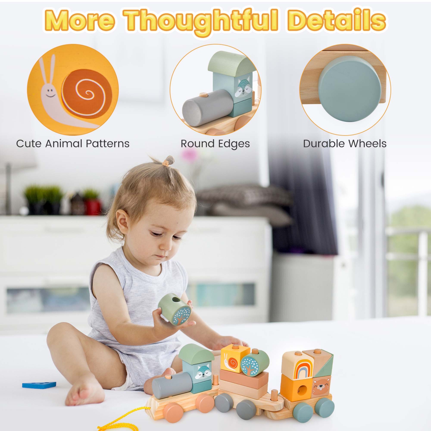 Costway Kids Wooden Toy Train Set 3-Section with Stacking Blocks Baby Toddler Education