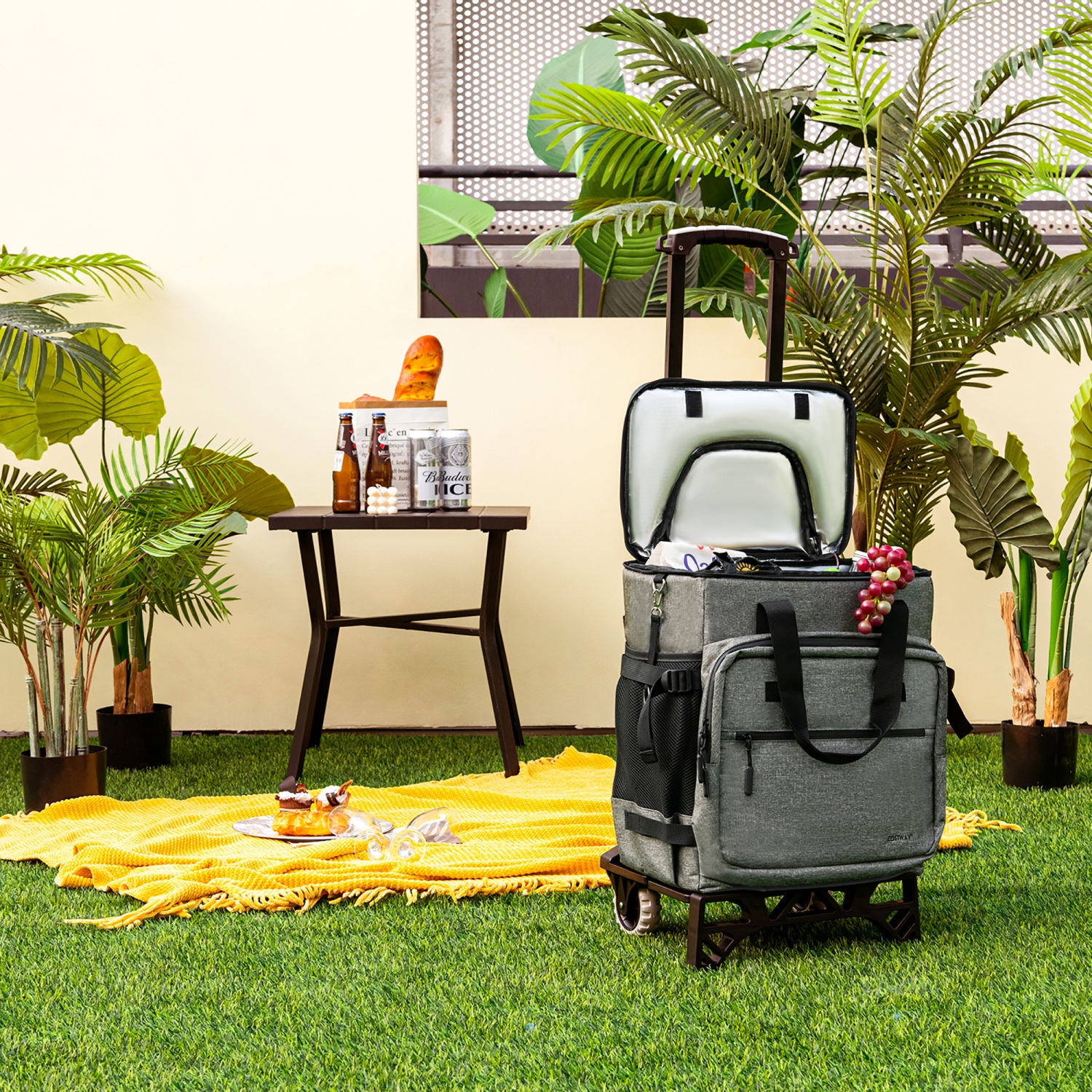 Costway 50-Can 3-in-1 Insulated Rolling Cooler with Adjustable Handle & Bottom Plate