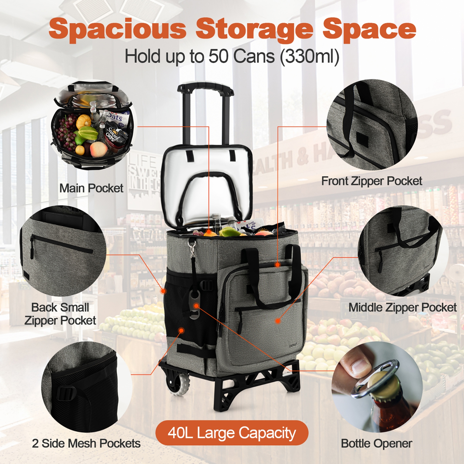 Costway 50-Can 3-in-1 Insulated Rolling Cooler with Adjustable Handle & Bottom Plate