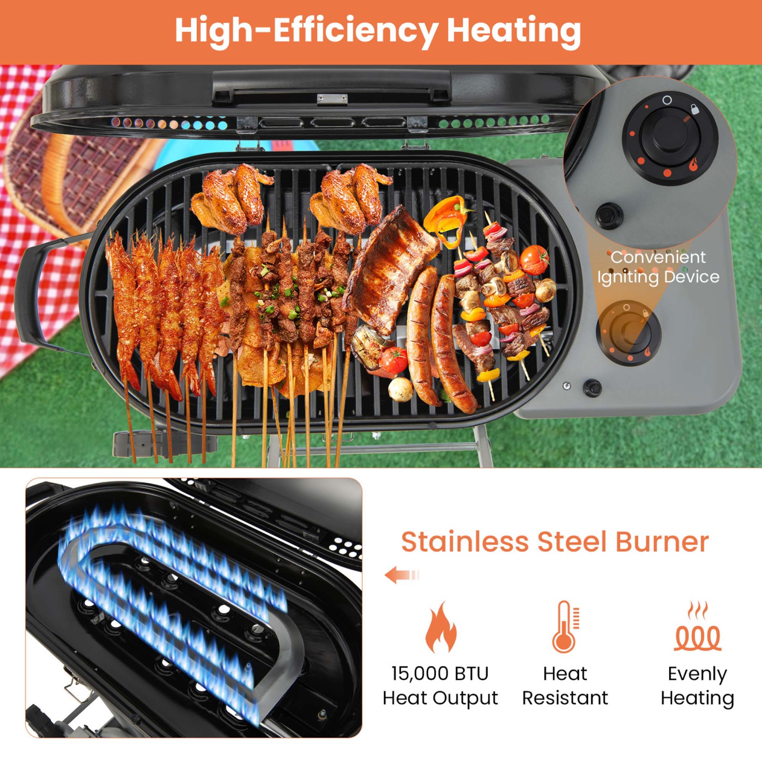 Gril au gaz pliable portatif au propane avec roulettes et tablette latérale de Costway