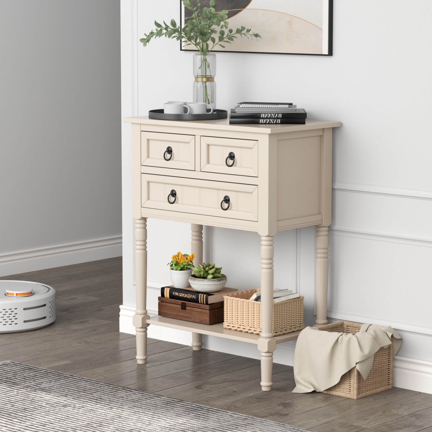 Costway Console Entryway Table with 3 Drawers Open Shelf for Hallway Living Room Beige
