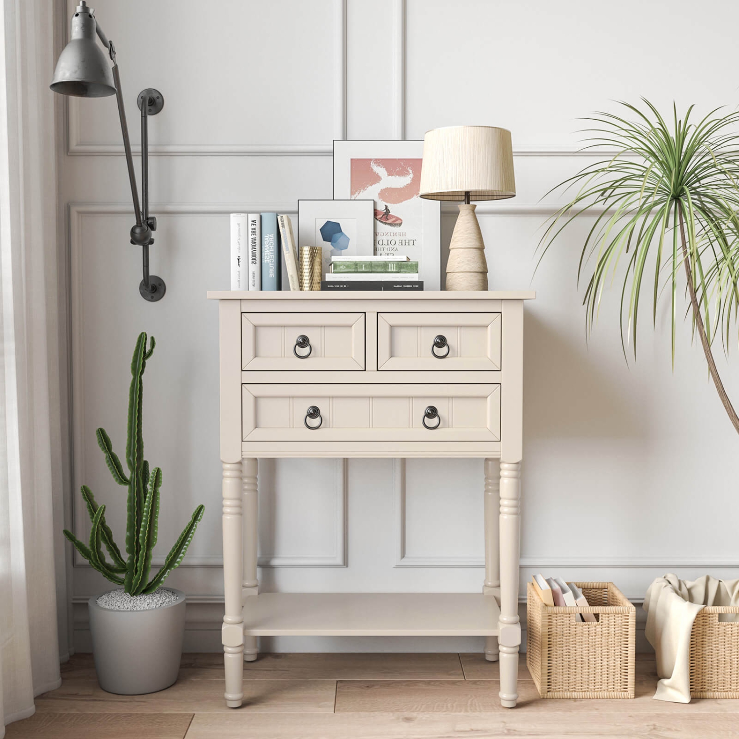 Costway Console Entryway Table with 3 Drawers Open Shelf for Hallway Living Room Beige