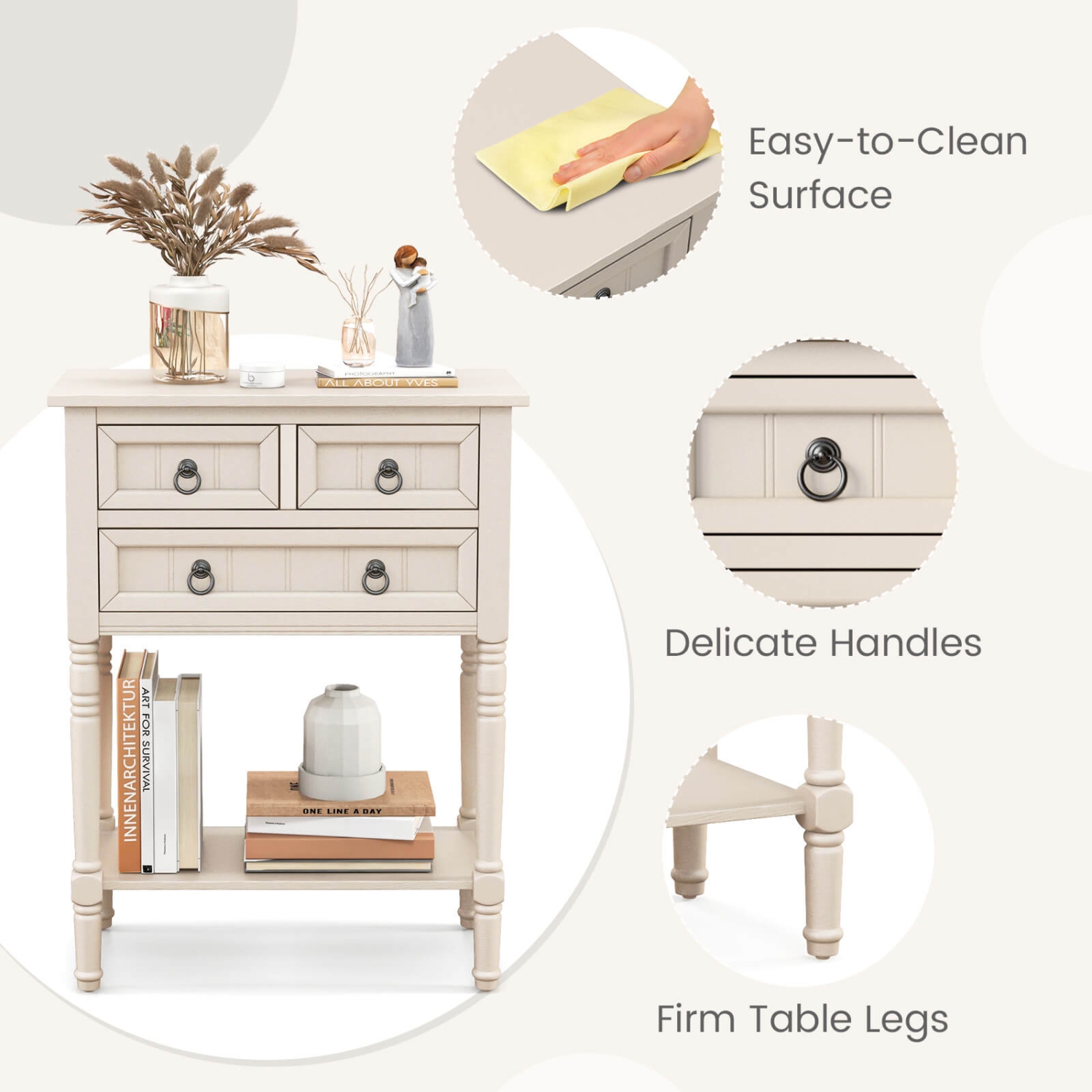 Costway Console Entryway Table with 3 Drawers Open Shelf for Hallway Living Room Beige