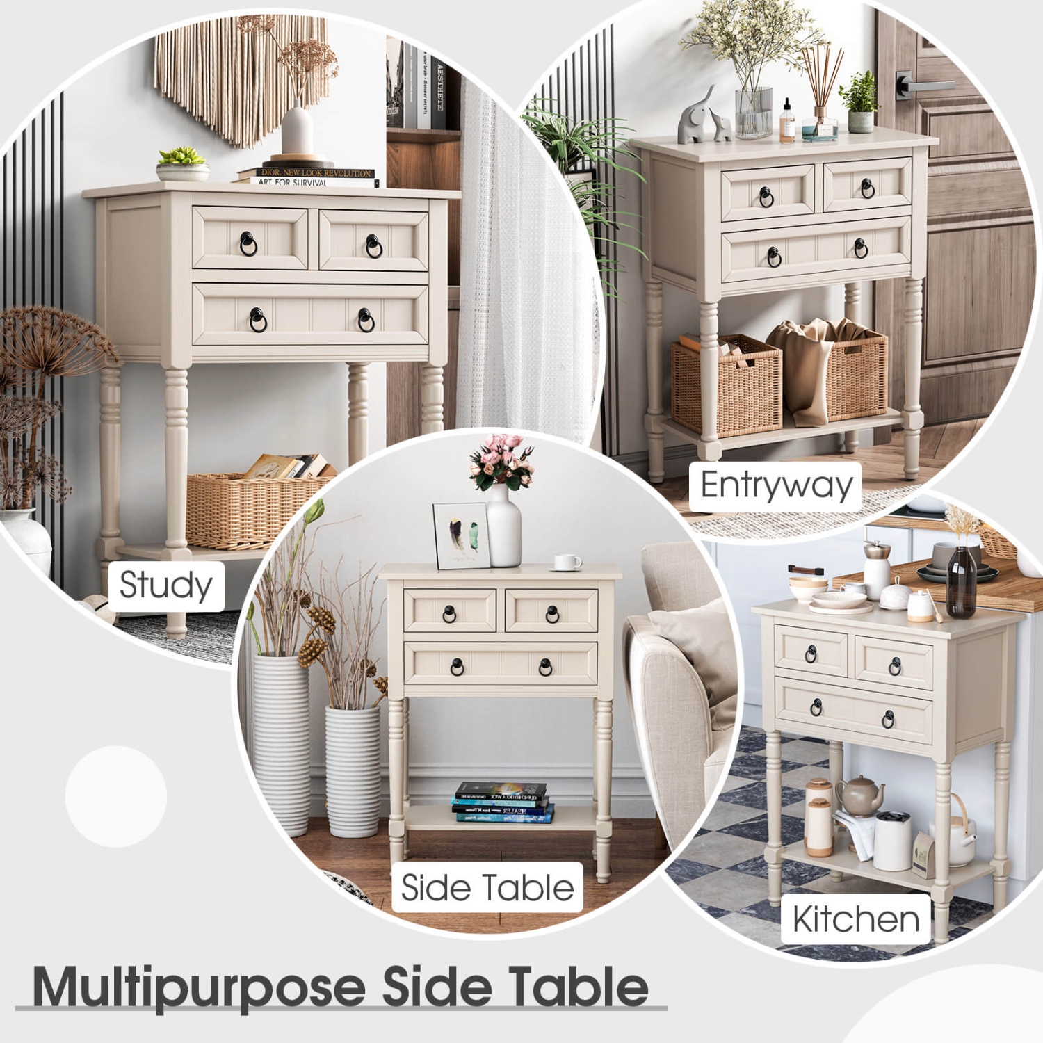 Costway Console Entryway Table with 3 Drawers Open Shelf for Hallway Living Room Beige