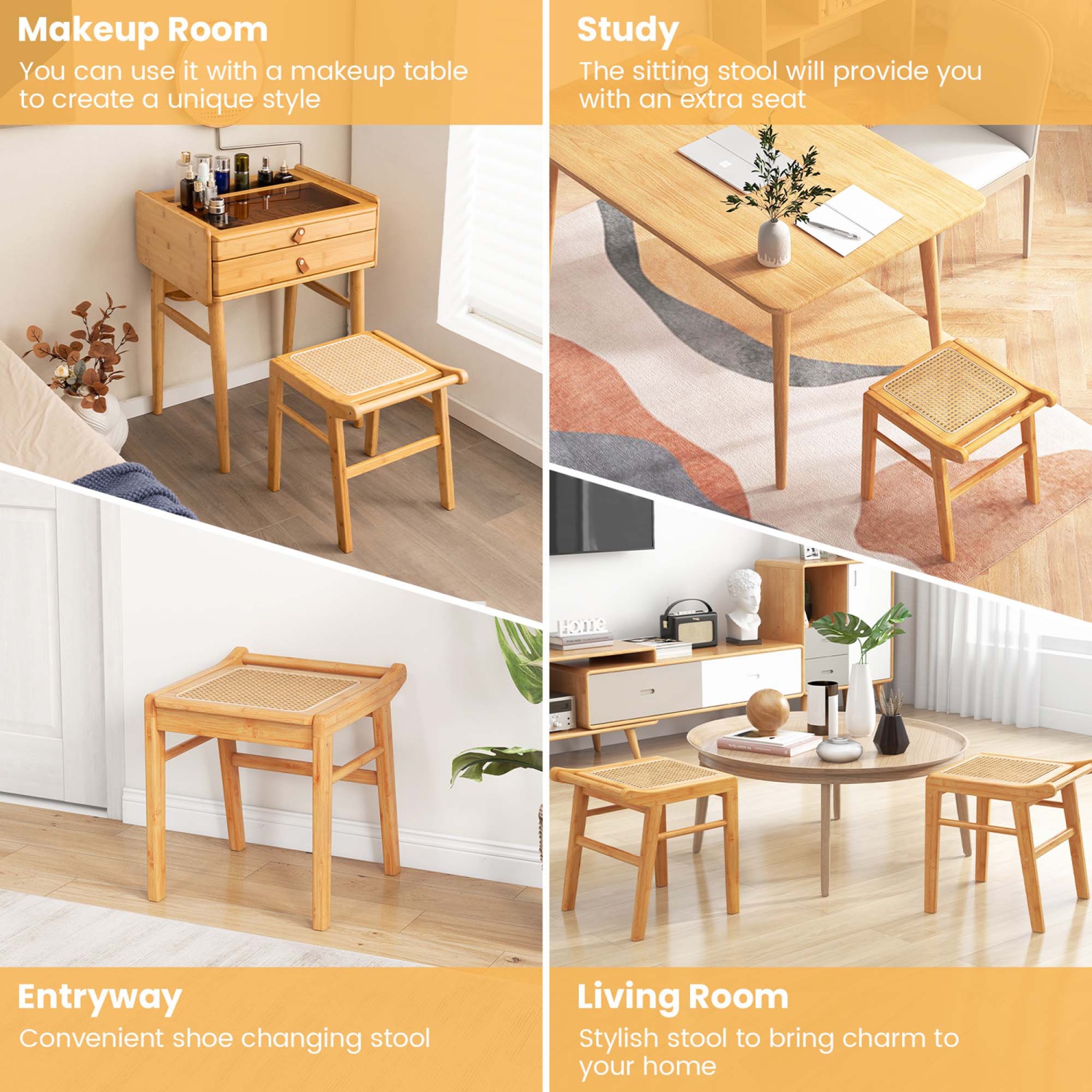 Tabouret de salle de bain en bambou avec repose-pieds en rotin de Costway pour chambre à coucher de salon naturel