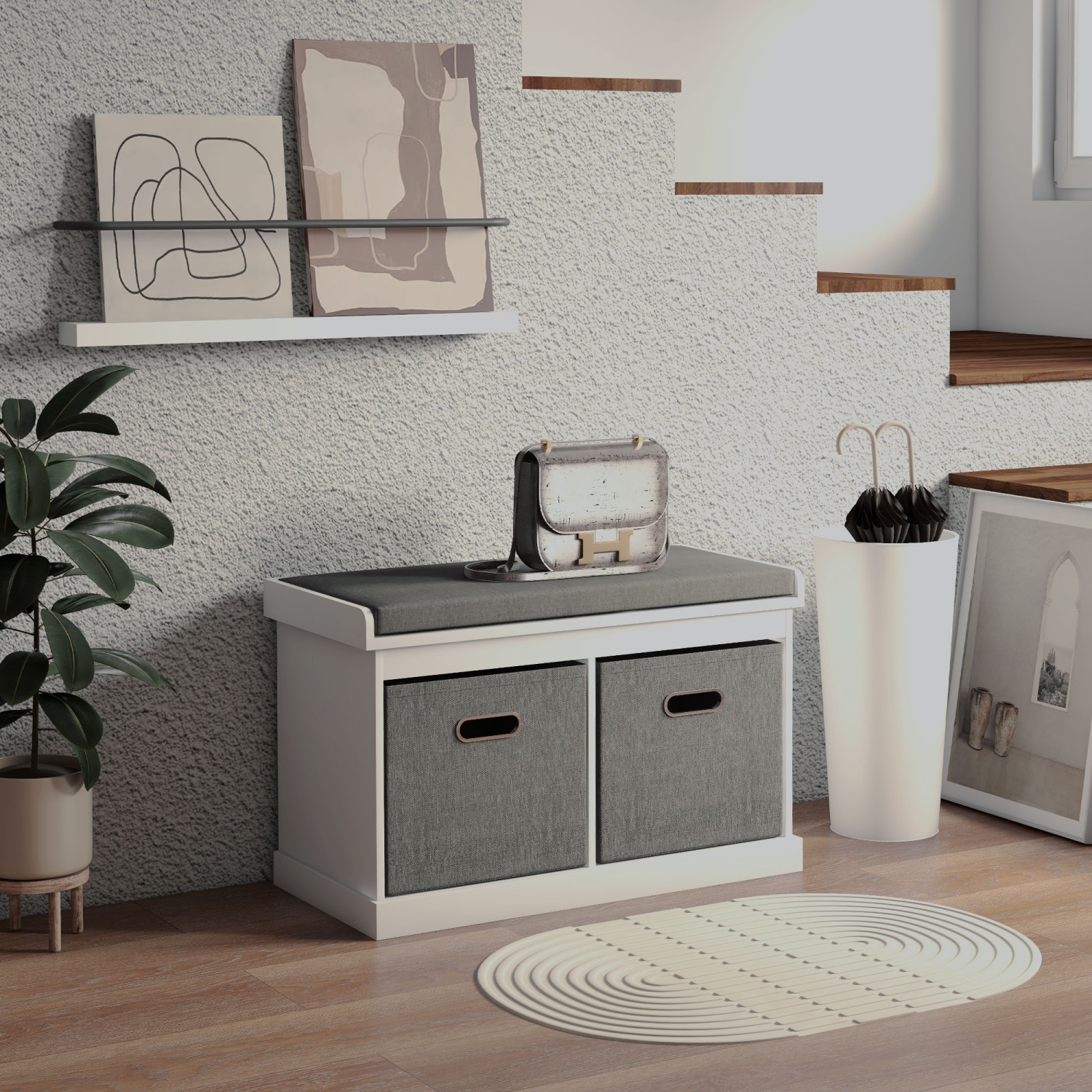 HOMCOM Shoe Bench with Seat Cushion, Entryway Bench with 2 Foldable Fabric Drawers for Hallway, Living Room, White