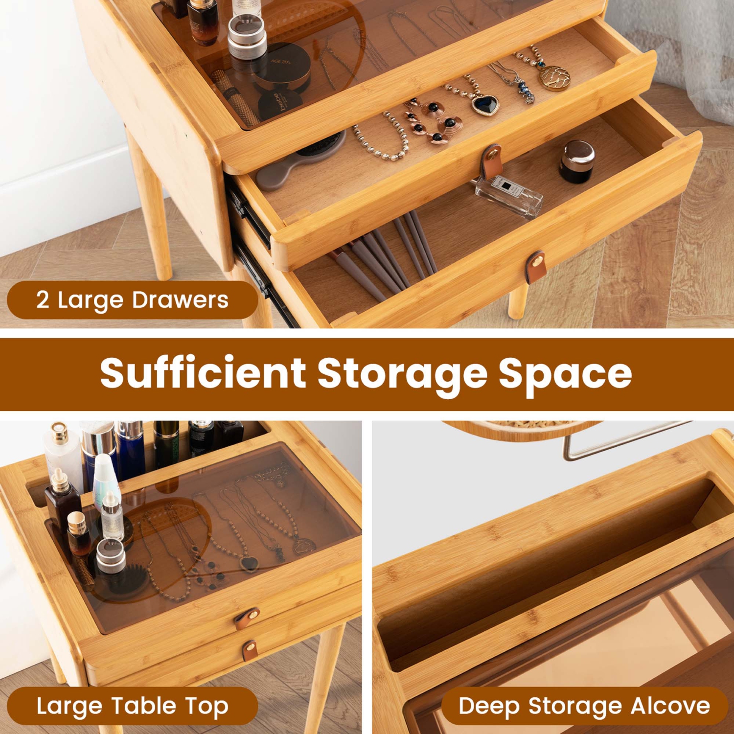 Costway Makeup Vanity Table with Adjustable Mirror Bamboo Dressing Table 2 Drawers