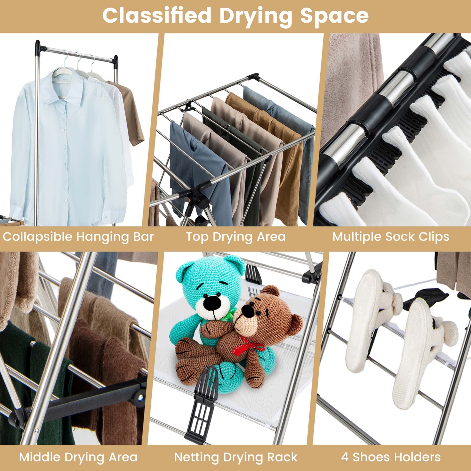 Support de séchage pliable en acier inoxydable à 2 couches avec barre de suspension et 2 crochets d'oreilles à hauteur réglable de Costway