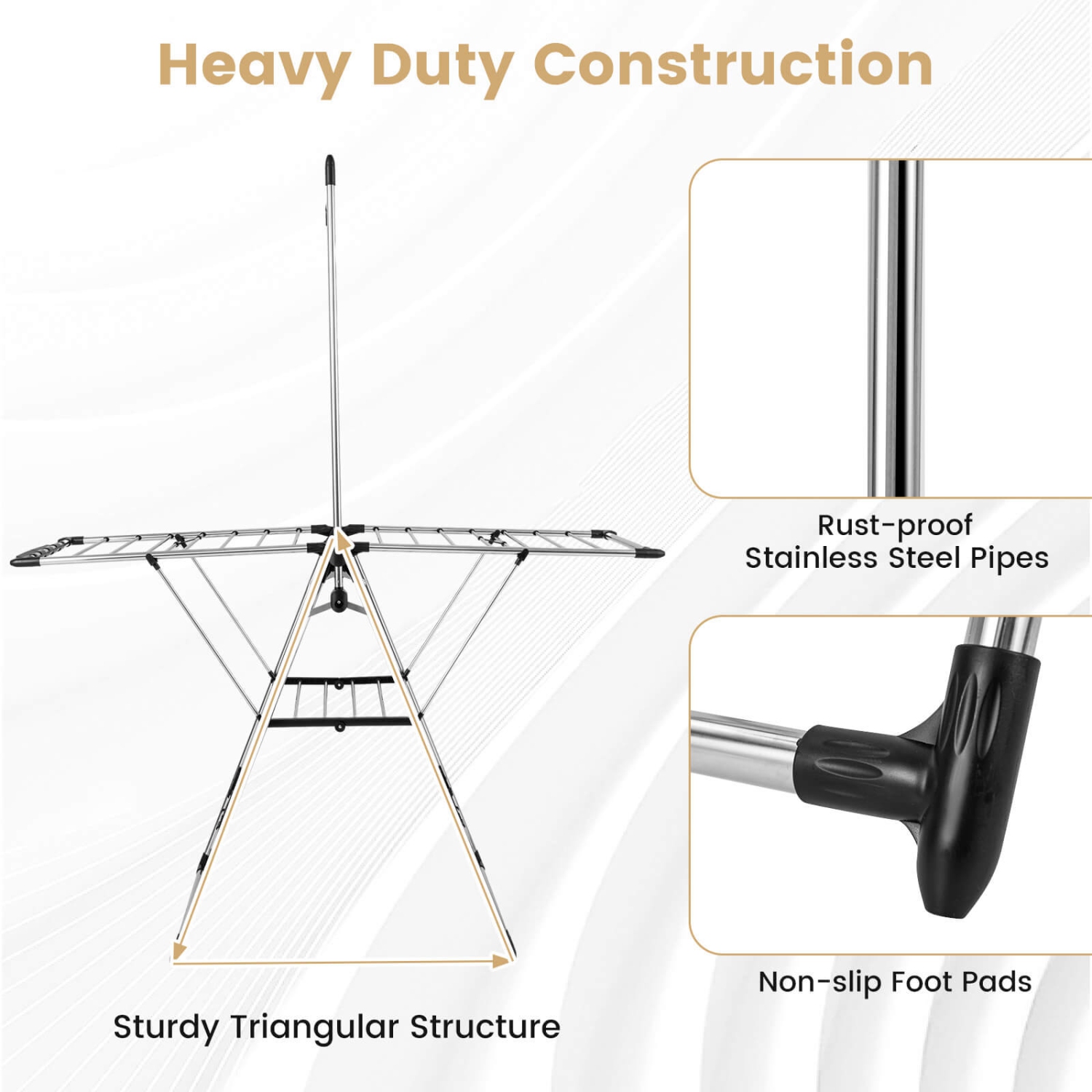 Support de séchage pliable en acier inoxydable à 2 couches avec barre de suspension et 2 crochets d'oreilles à hauteur réglable de Costway