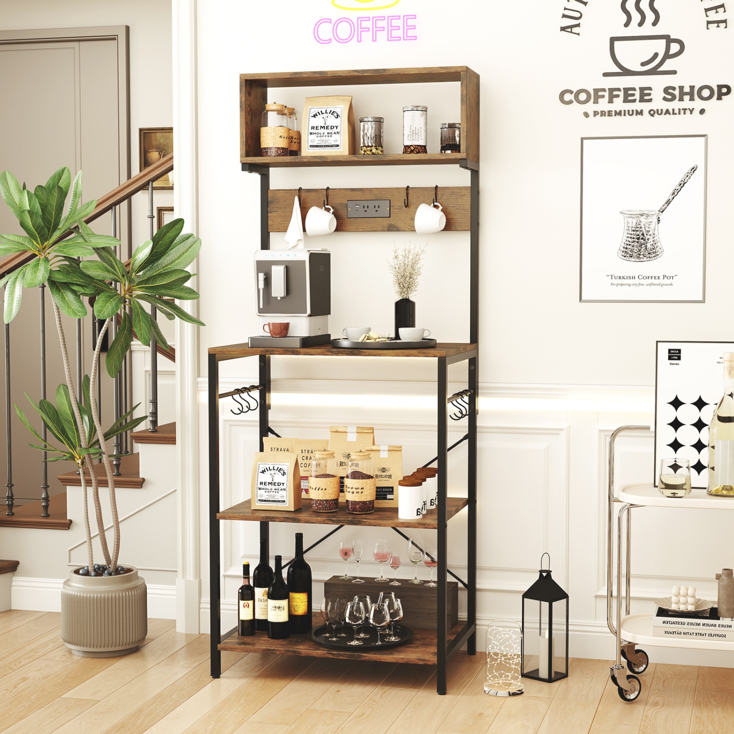 Étagère à café à 5 niveaux Kitchen Bakers de Costway avec étagère de rangement à prise de courant, tablettes ouvertes