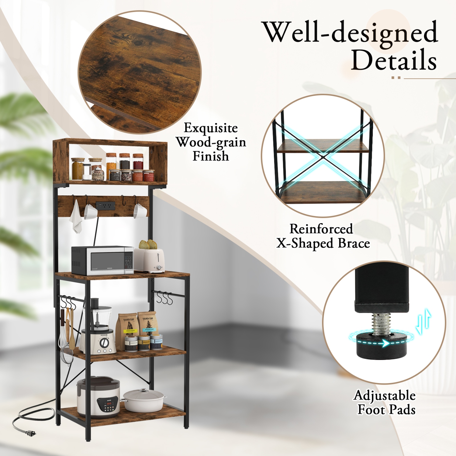 Étagère à café à 5 niveaux Kitchen Bakers de Costway avec étagère de rangement à prise de courant, tablettes ouvertes