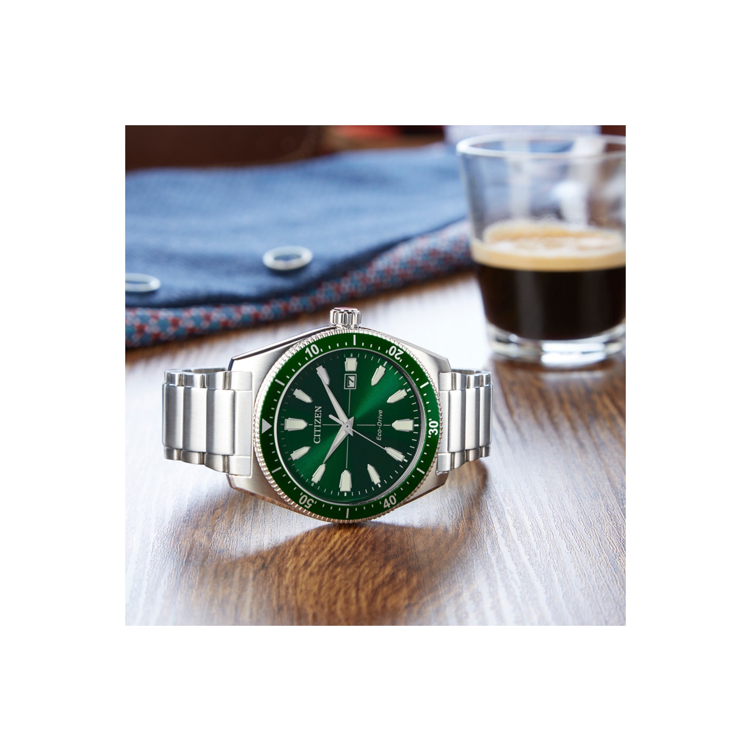 Citizen Mens Brycen Eco-Drive Watch 43mm Silver-Tone Stainless Steel Case and Bracelet with Green Dial