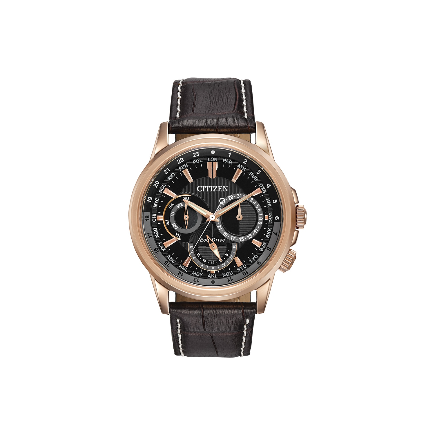 Montre homme Eco-Drive Calendrier de Citizen, 44&nbsp;mm boîtier inox argenté, bracelet cuir brun et cadran noir