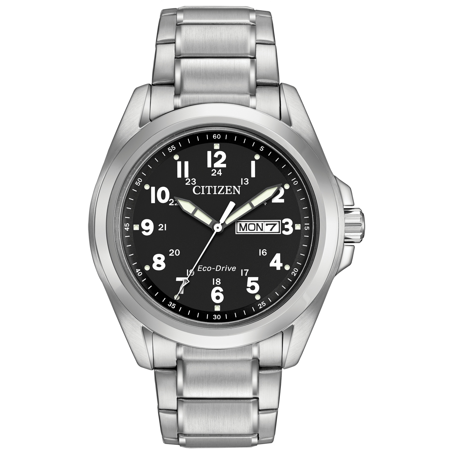 Montre pour hommes Garrison Eco-Drive 43&nbsp;mm avec boîtier et bracelet en acier inoxydable argenté et cadran noir de Citizen