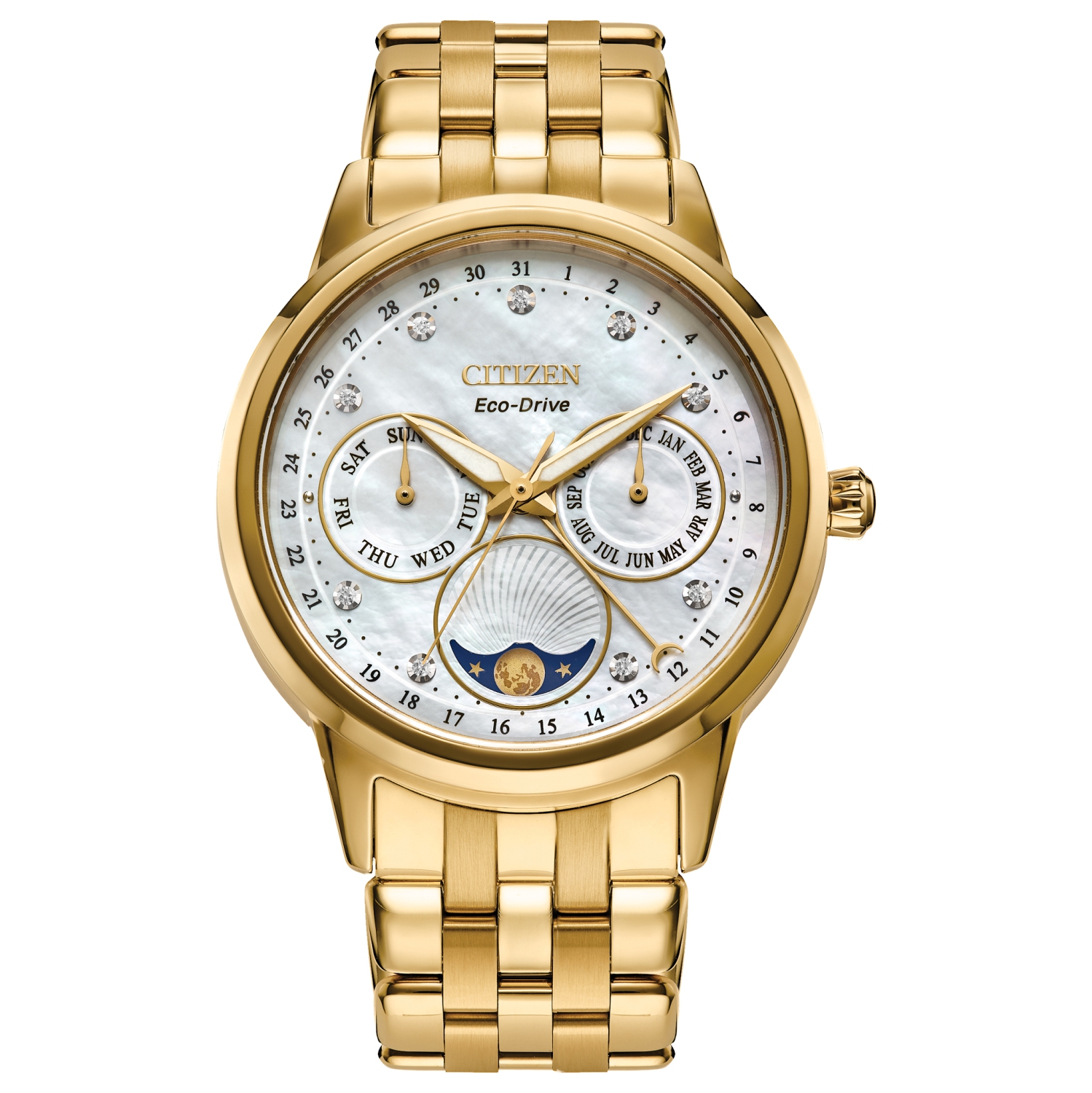 Montre pour femmes Calendrier Eco-Drive de Citizen 37&nbsp;mm avec boîtier et bracelet en acier inoxydable doré et cadran blanc