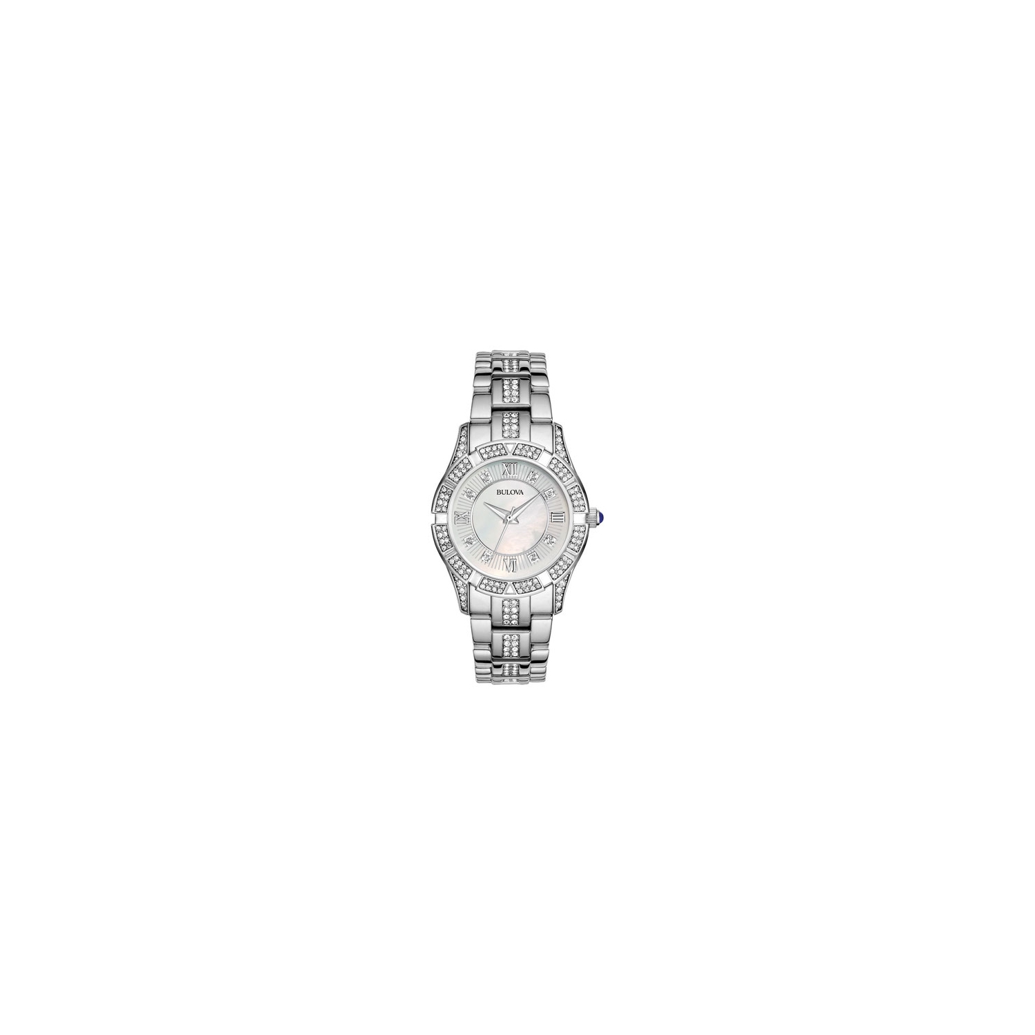 Bulova Ladies Crystal Quartz Watch 30mm Silver-Tone Stainless Steel Case and Bracelet with White Dial
