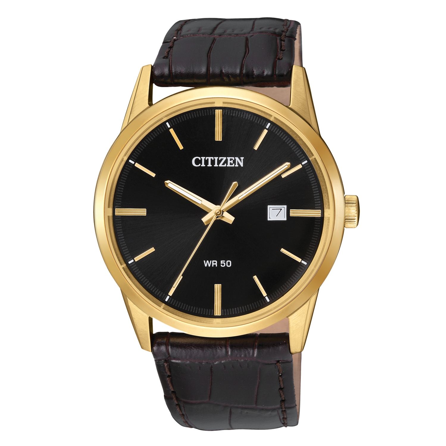 Citizen Mens Japanese Quartz Watch 39mm Gold-Tone Stainless Steel Case Brown Leather Strap with Black Dial (BI5002-06E)