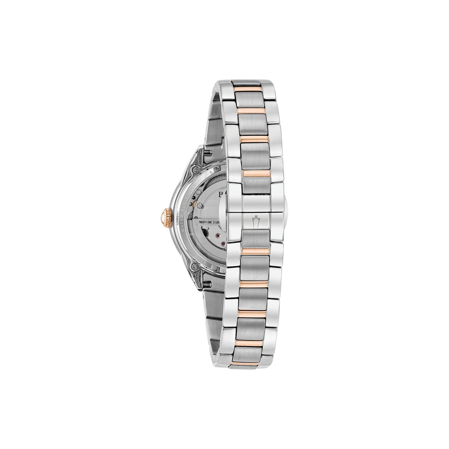 Montre automatique pour femmes Sutton 34&nbsp;mm de Bulova avec boîtier et bracelet en inox deux tons rose doré avec cadran blanc