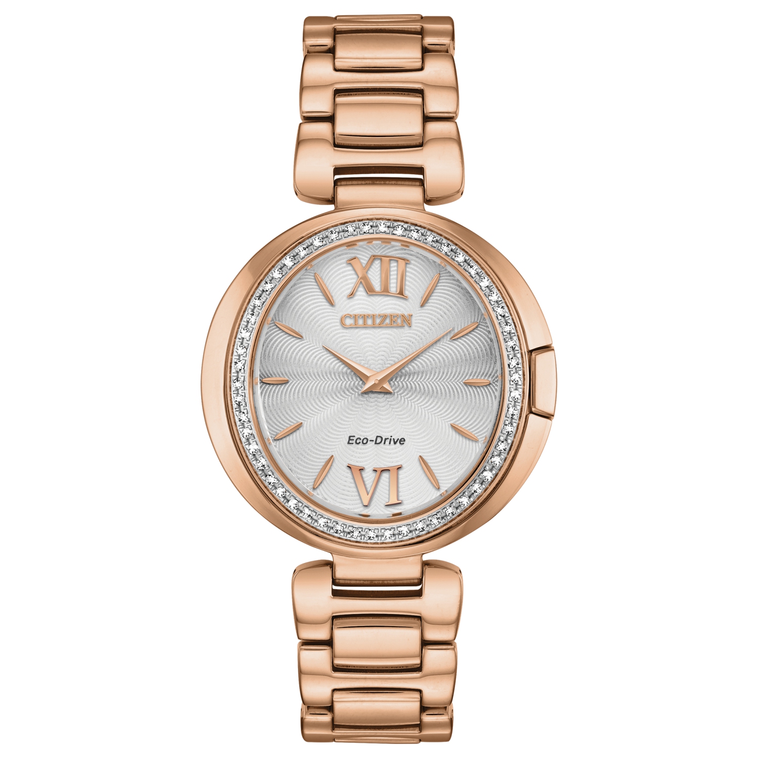 Montre pour femmes Capella Eco-Drive de Citizen 34&nbsp;mm avec boîtier et bracelet en acier inoxydable rose doré et cadran blanc argenté