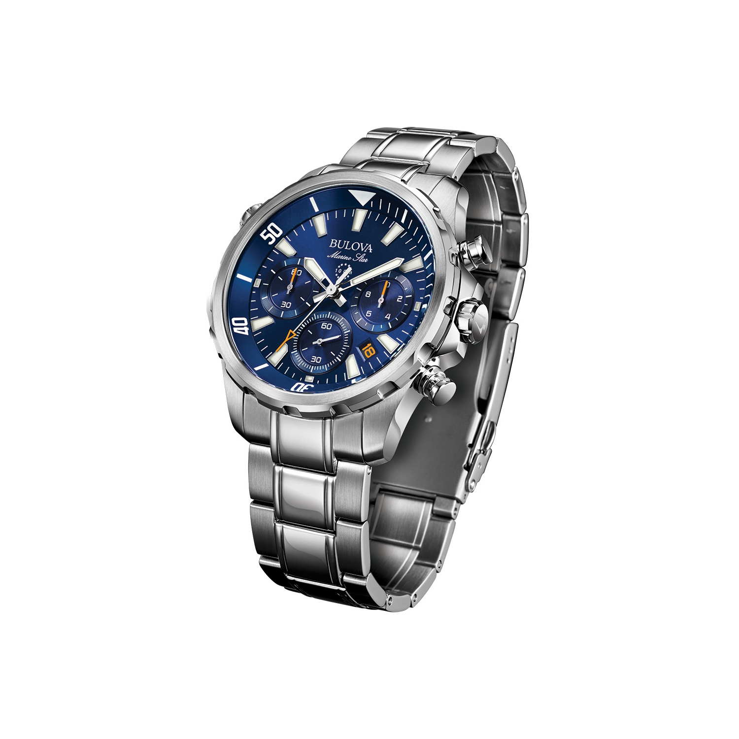 Montre à quartz homme Marine Star de Bulova, 43&nbsp;mm boîtier et bracelet en acier inoxydable argenté et cadran bleu