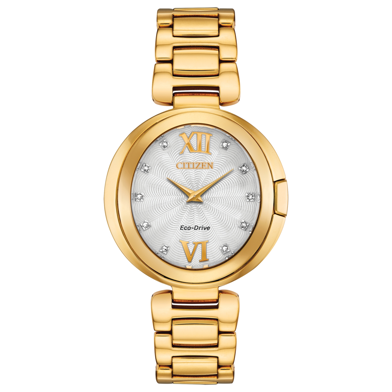 Montre pour femmes Capella Eco-Drive de Citizen 34&nbsp;mm avec boîtier et bracelet en acier inoxydable doré et cadran blanc argenté