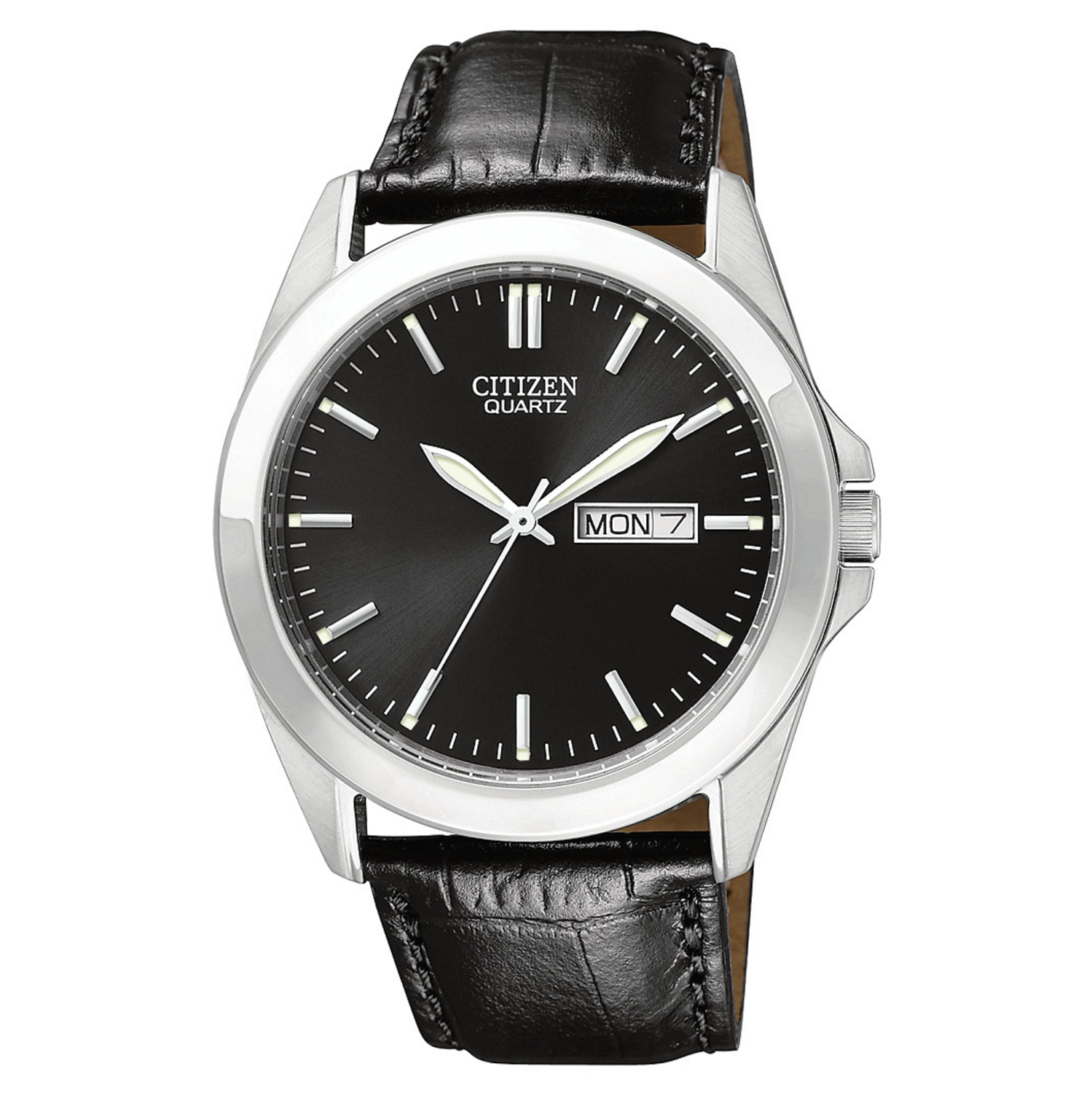 Citizen Mens Quartz Watch 39.5mm Silver-Tone Stainless Steel Case Black Leather Strap with Black Dial