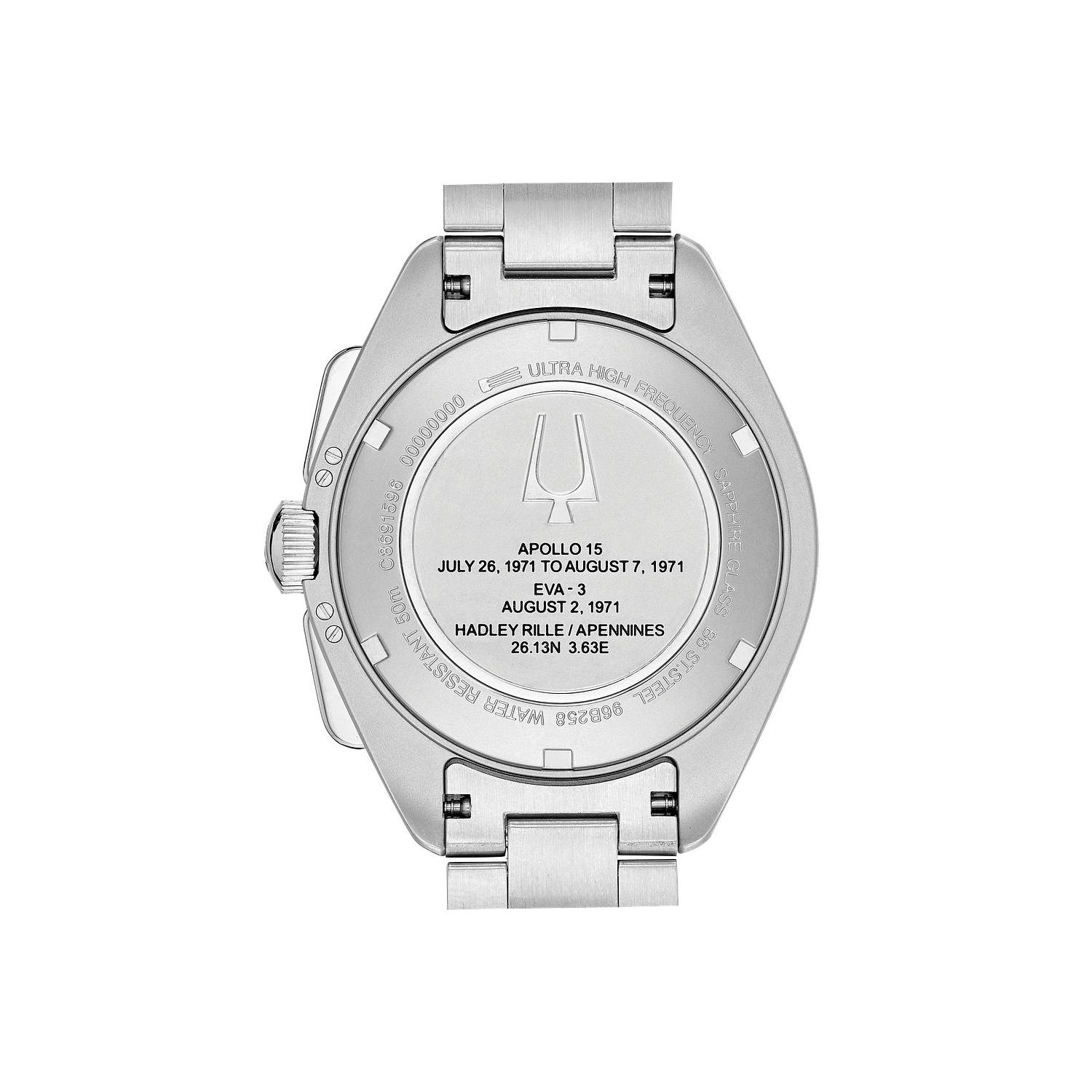 Montre homme, édition spéciale Lunar Pilot, HPQ 45&nbsp;mm, boîtier et bracelet en acier inoxydable argenté avec cadran noir de Bulova