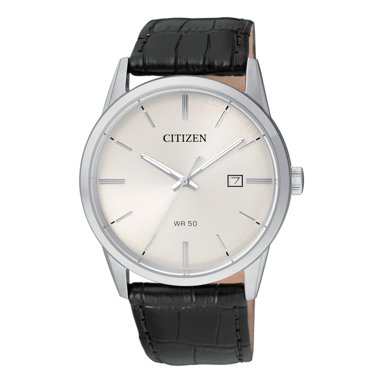 Montre à quartz homme de Citizen, boîtier en inox argenté, bracelet en cuir noir et cadran blanc 39&nbsp;mm