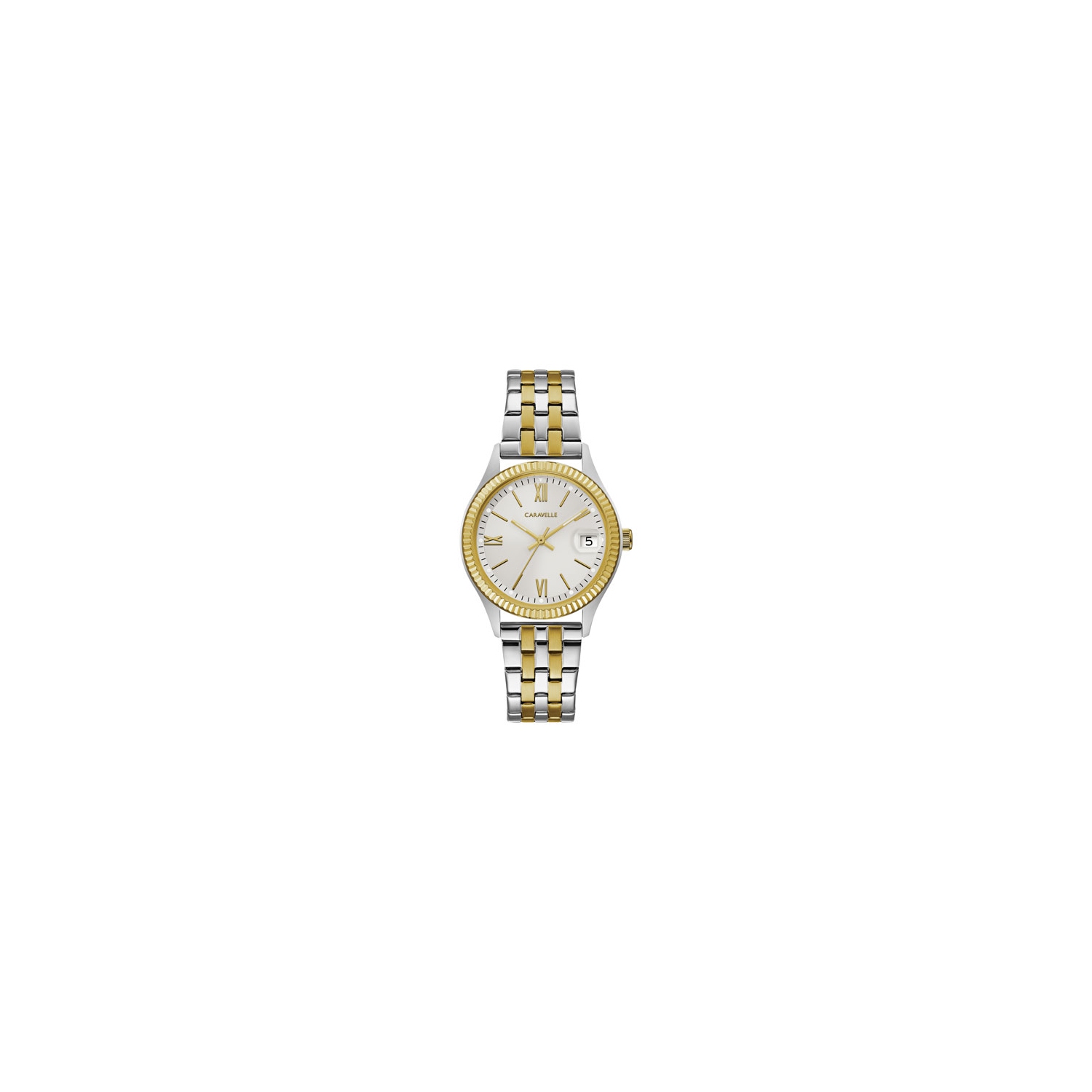 Caravelle Ladies Dress Quartz Watch 32mm Two-Tone Stainless Steel Case and Bracelet with Silver-White Dial