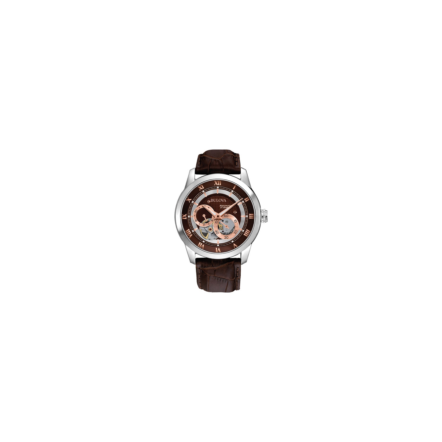 Montre automatique Sutton de Bulova hommes 42&nbsp;mm avec boîtier en acier inoxydable argenté et cadran brun