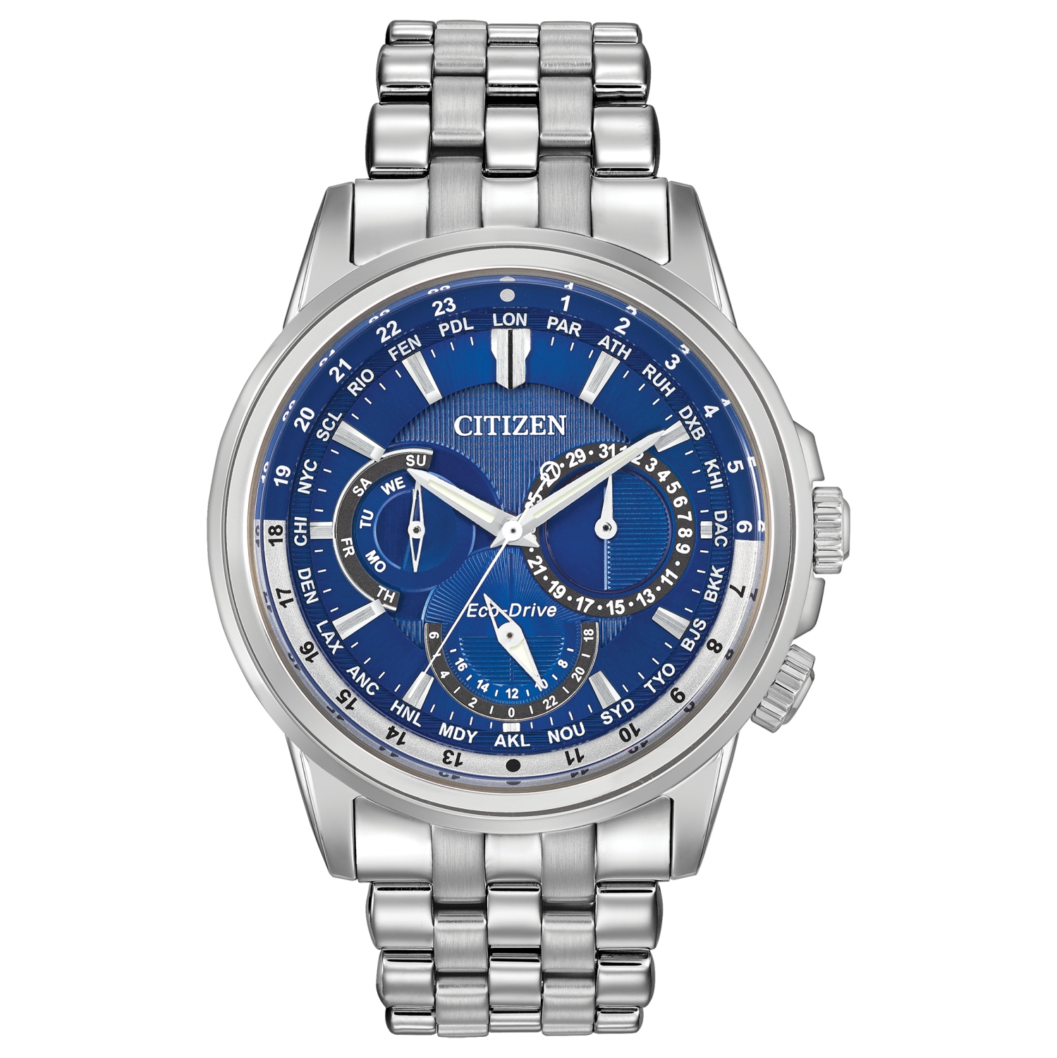 Montre homme à cadran bleu et boîtier en acier inoxydable argenté 44&nbsp;mm Eco-Drive Calendrier de Citizen