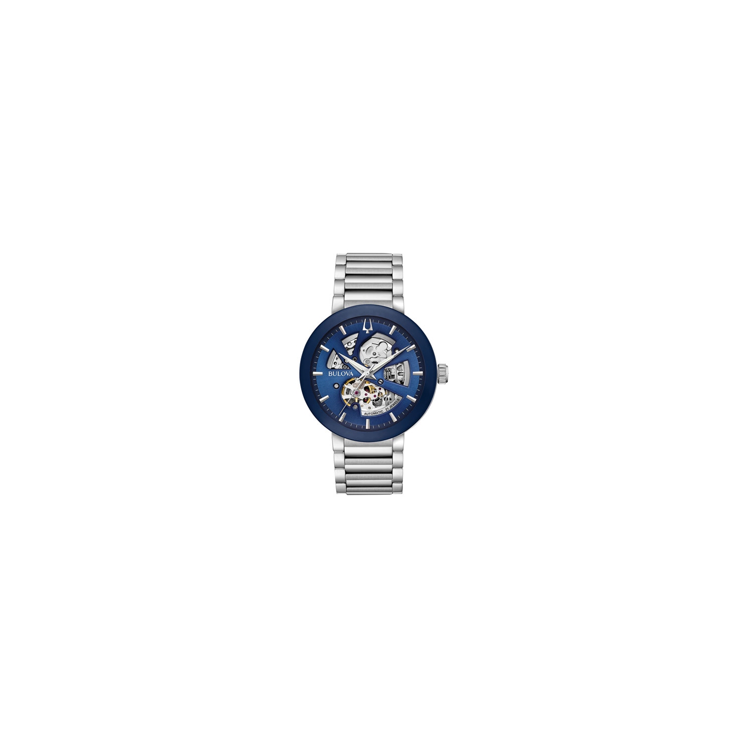 Montre automatique Futuro pour hommes de Bulova 42&nbsp;mm avec boîtier et bracelet en acier inoxydable argenté et cadran bleu