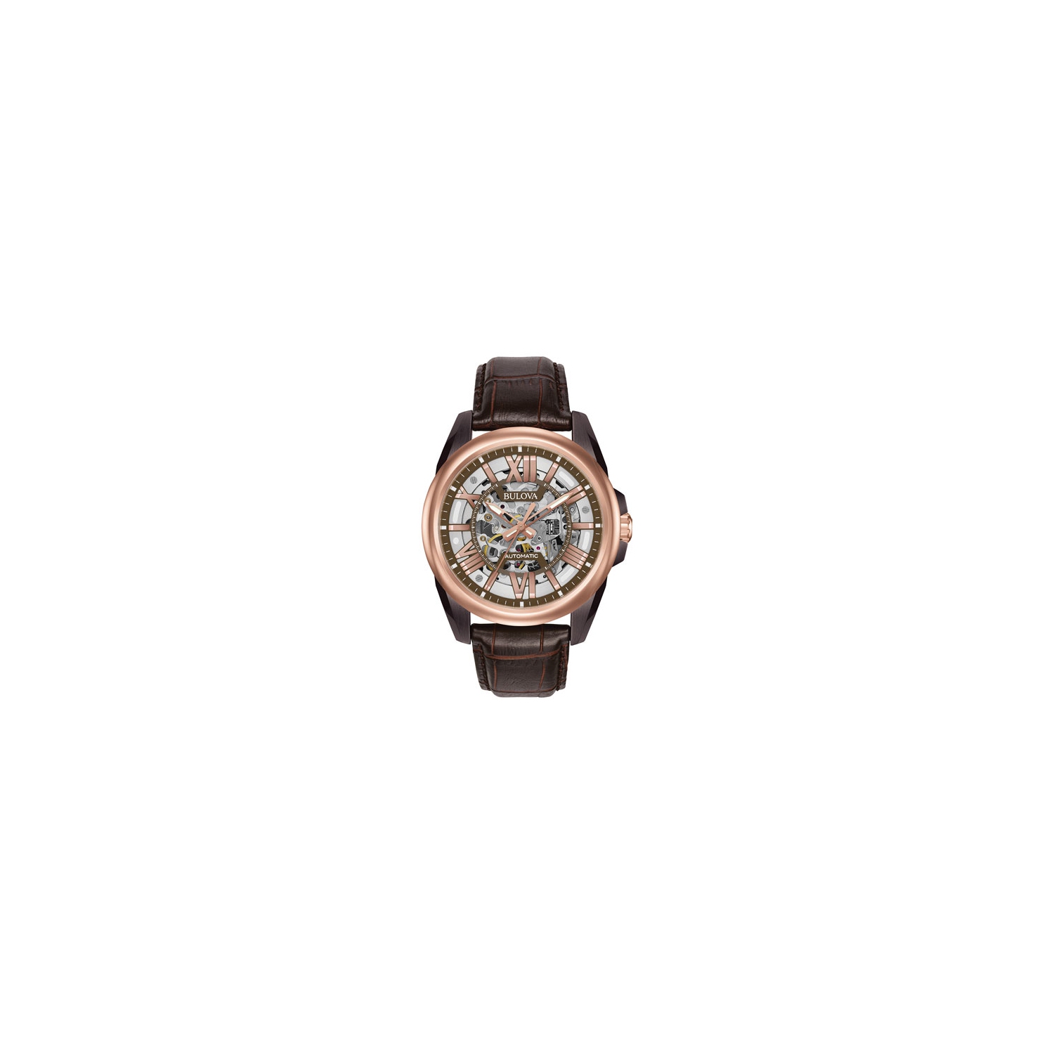 Montre automatique Sutton de Bulova hommes 43&nbsp;mm avec boîtier en inox noir et rose doré et bracelet en cuir brun avec cadran brun