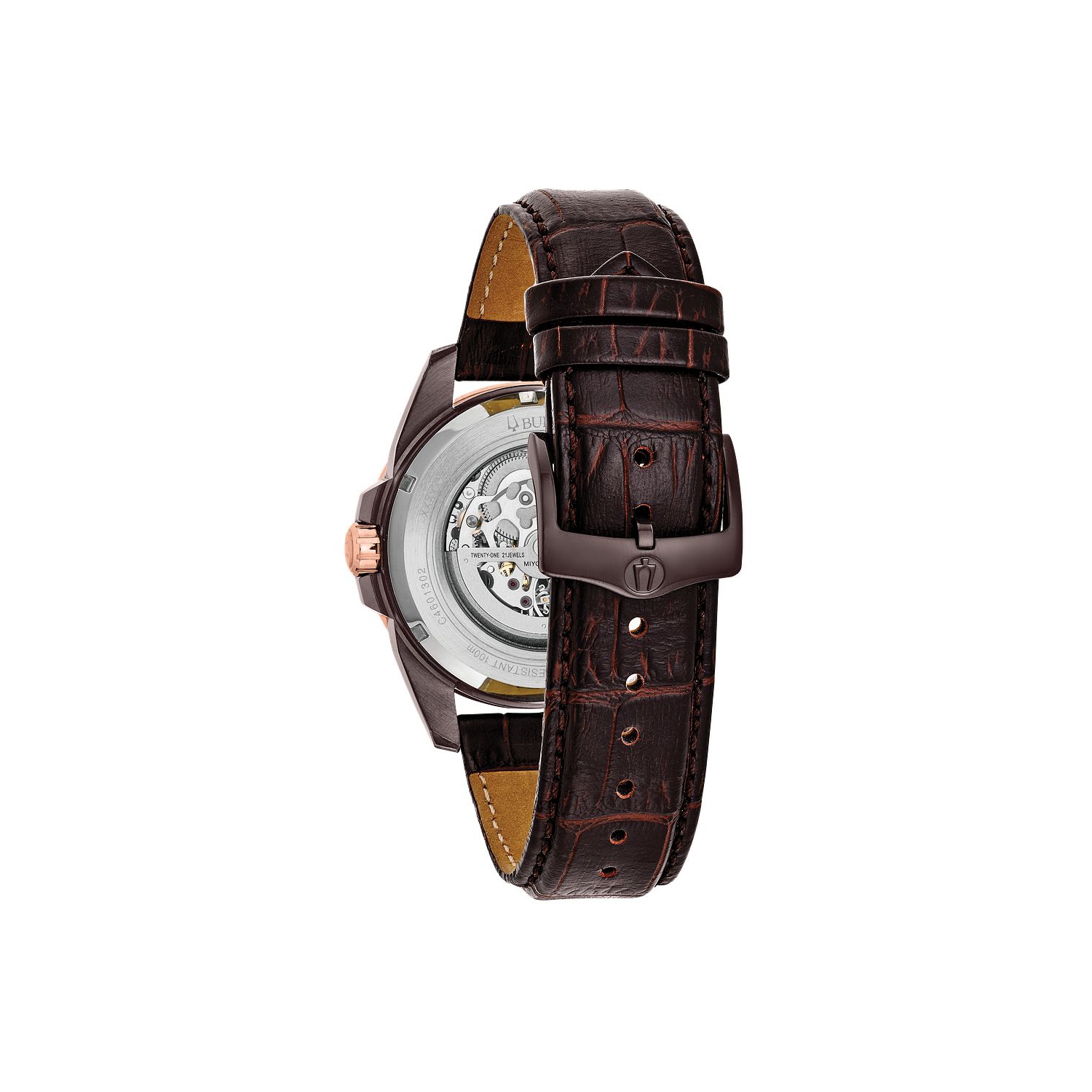 Montre automatique Sutton de Bulova hommes 43&nbsp;mm avec boîtier en inox noir et rose doré et bracelet en cuir brun avec cadran brun