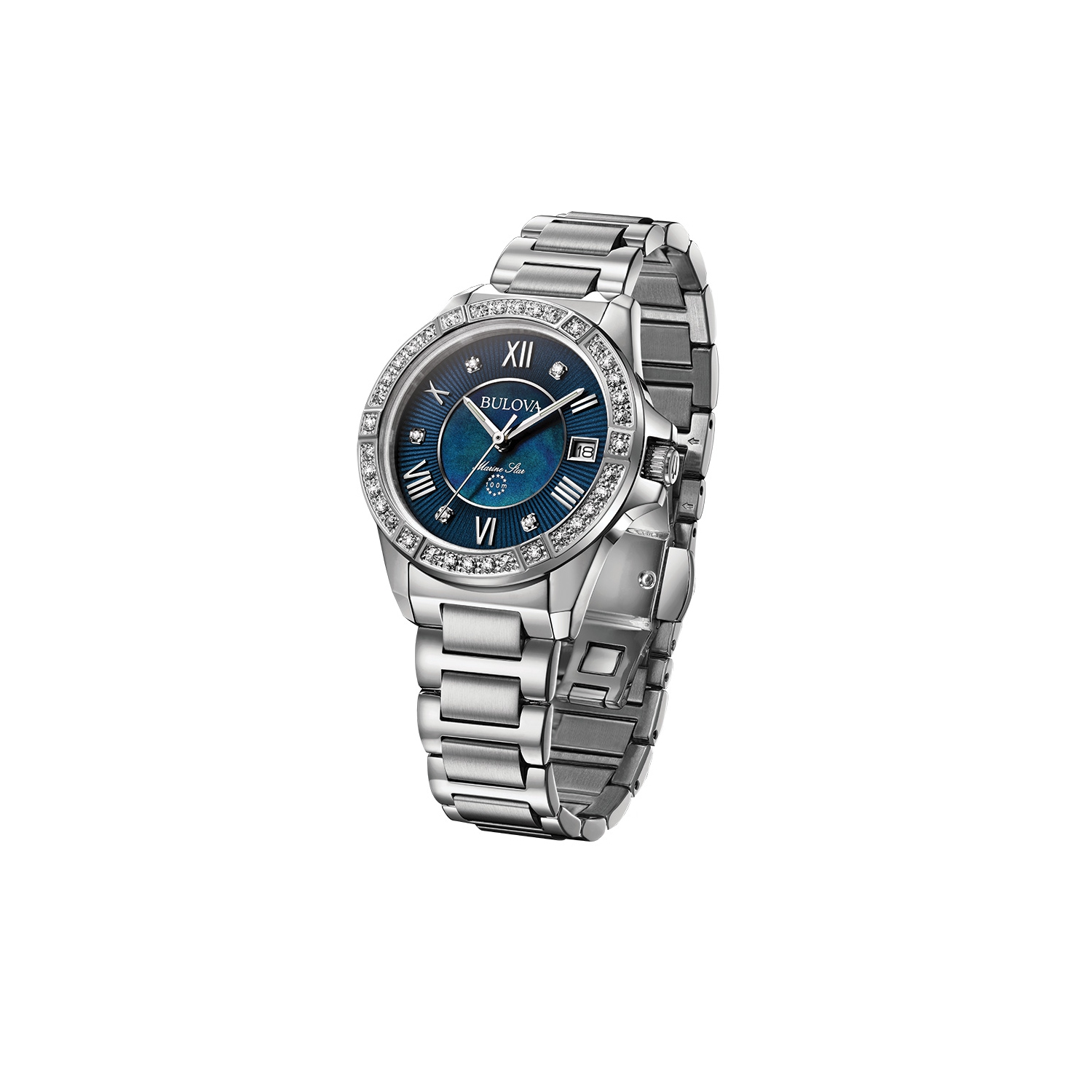 Bulova Ladies Marine Star Quartz Watch 32mm Silver-Tone Stainless Steel Case and Bracelet with Blue Dial