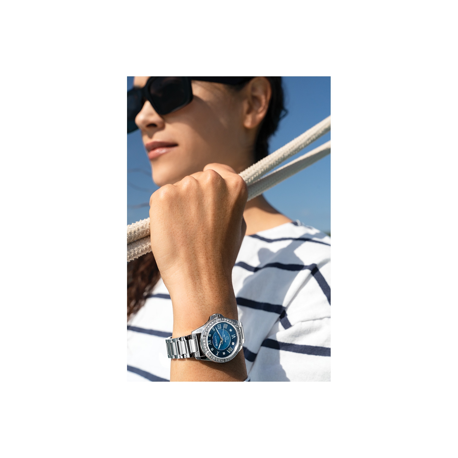 Bulova Ladies Marine Star Quartz Watch 32mm Silver-Tone Stainless Steel Case and Bracelet with Blue Dial