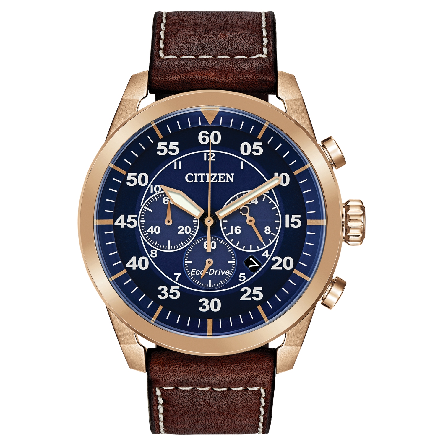 Citizen Mens Avion Eco-Drive Watch 45mm Rose Gold-Tone Stainless Steel Case Brown Leather Strap with Blue Dial