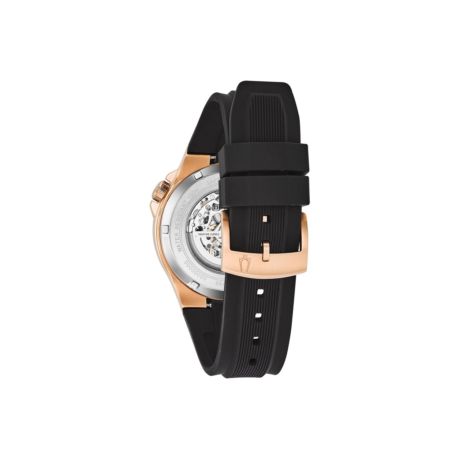 Bulova Mens Maquina Automatic Watch 46mm Rose Gold-Tone Stainless Steel Case Black Silicone Strap with Black Dial