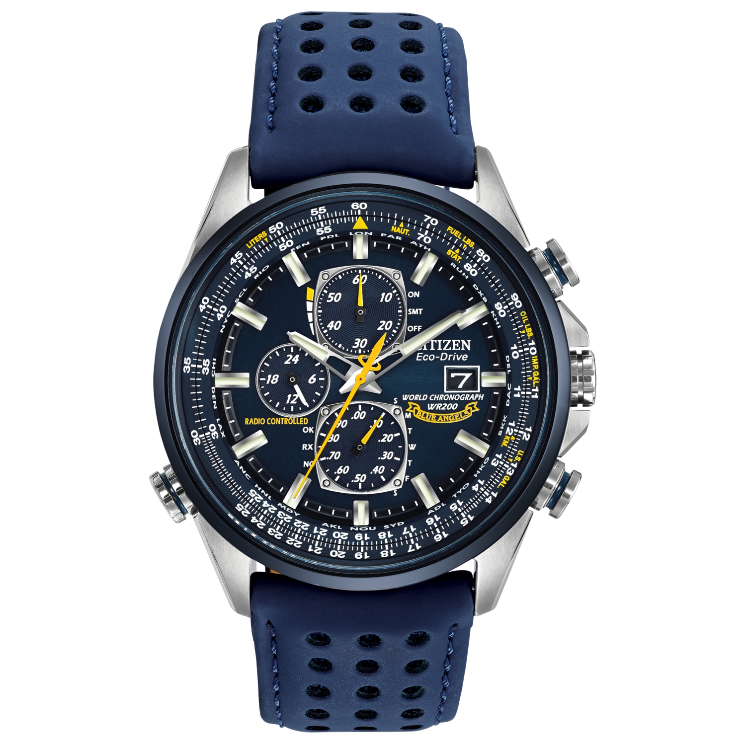 Citizen Mens World Chronograph A-T Eco-Drive Watch 43mm Two-Tone Stainless Steel Case Blue Polyurethane Coated Leather Strap with Blue Dial