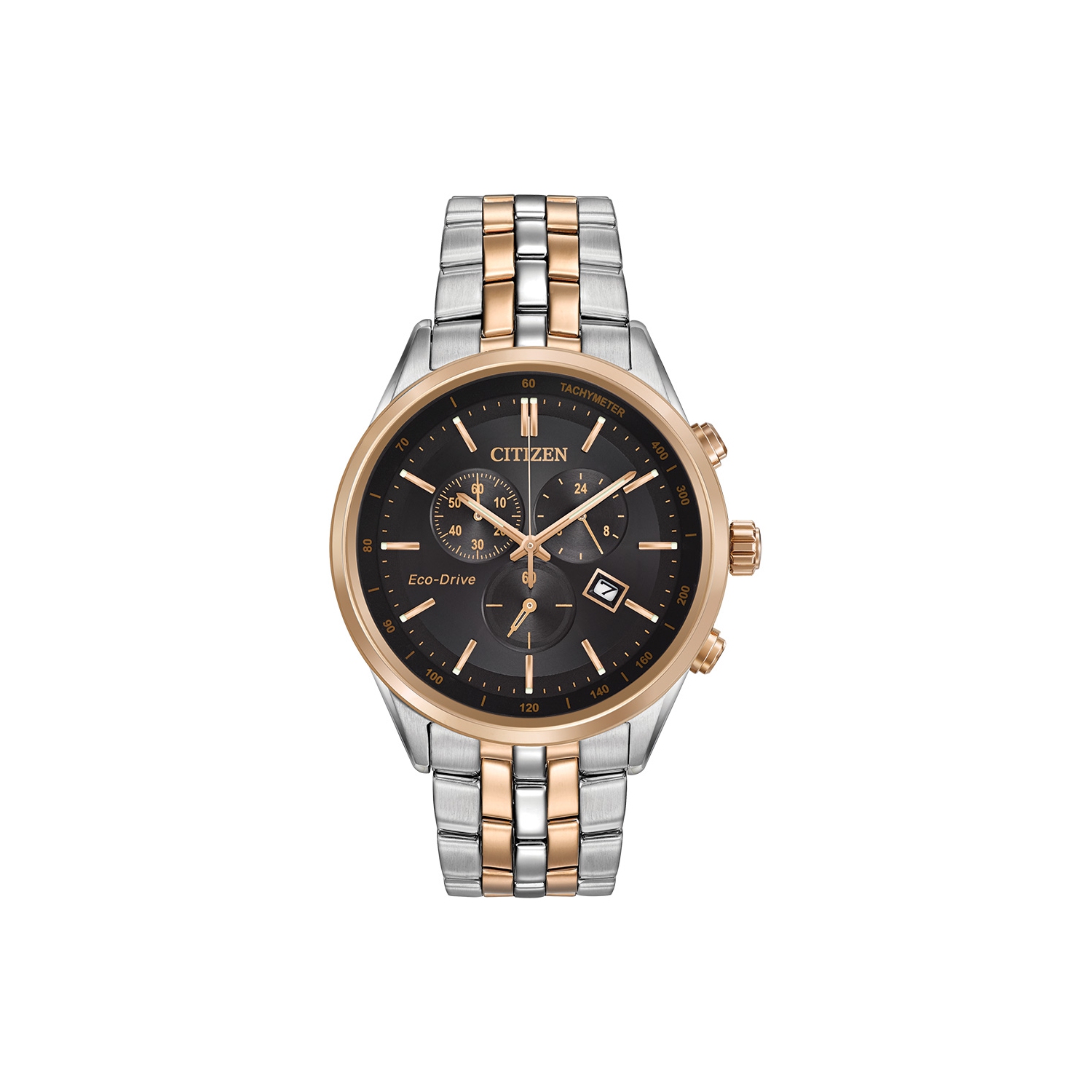Montre pour hommes Corso Eco-Drive 42&nbsp;mm de Citizen avec boîtier et bracelet en acier inoxydable rose doré et cadran noir