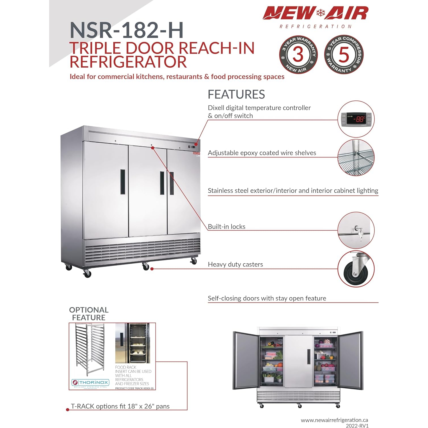New Air Commercial 82″ 64.8 Cu. Ft. Triple Door REFRIGERATOR - Stainless Steel