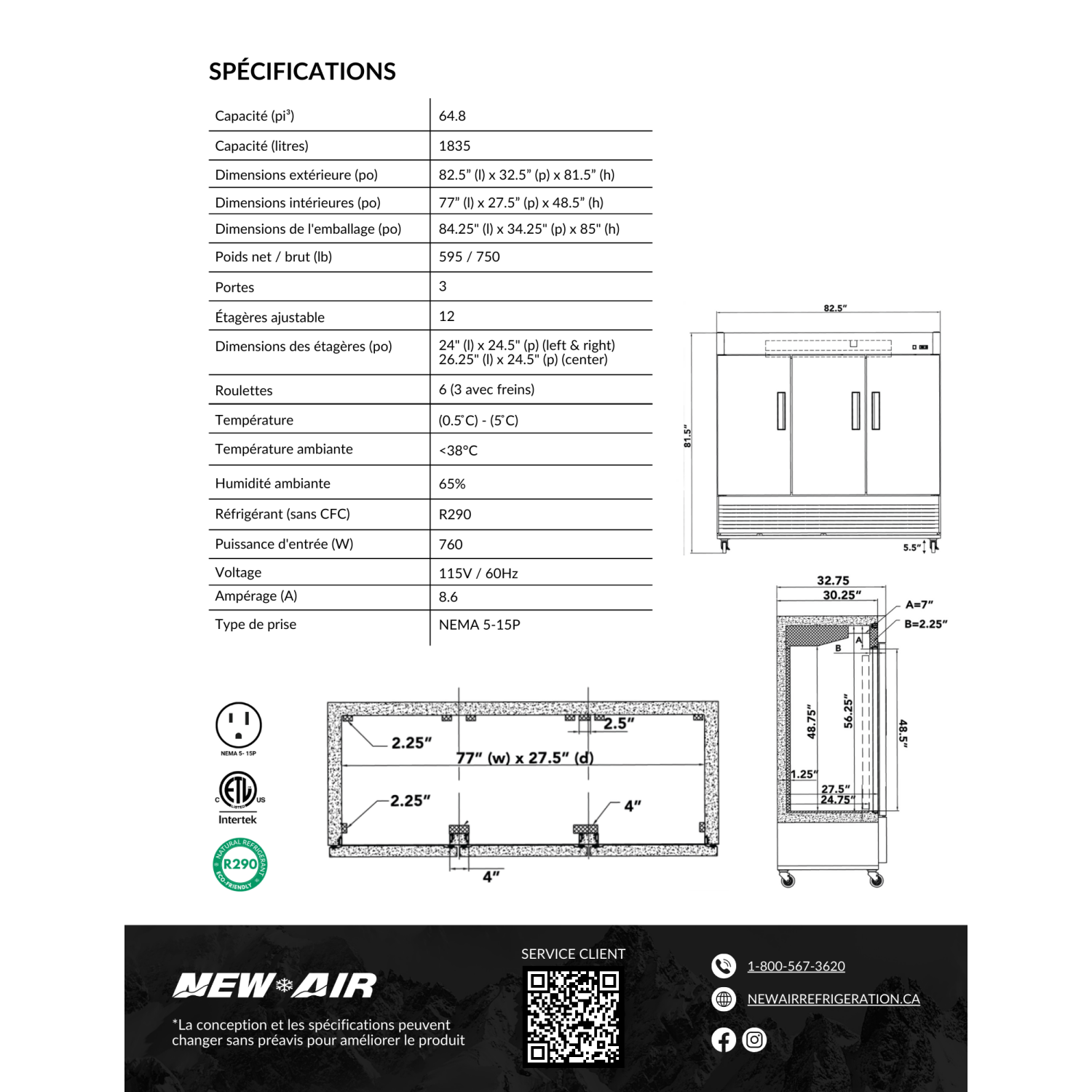 New Air Commercial 82″ 64.8 Cu. Ft. Triple Door REFRIGERATOR - Stainless Steel