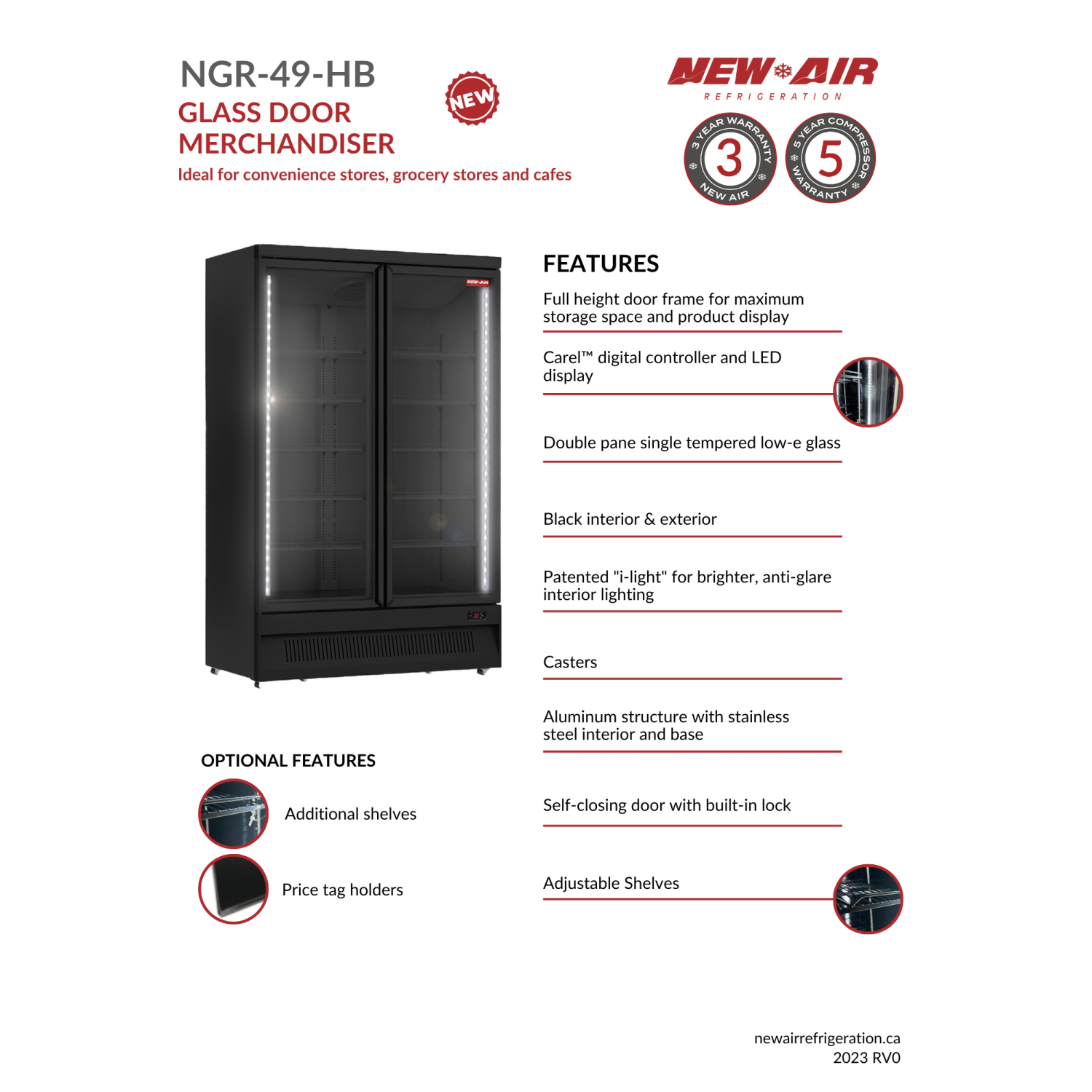 NEW AIR NGR-49-HB Commercial 49" Double Glass Door Refrigerator Merchandiser - Ideal for Convenience Stores, Front of House, Grocery Stores,