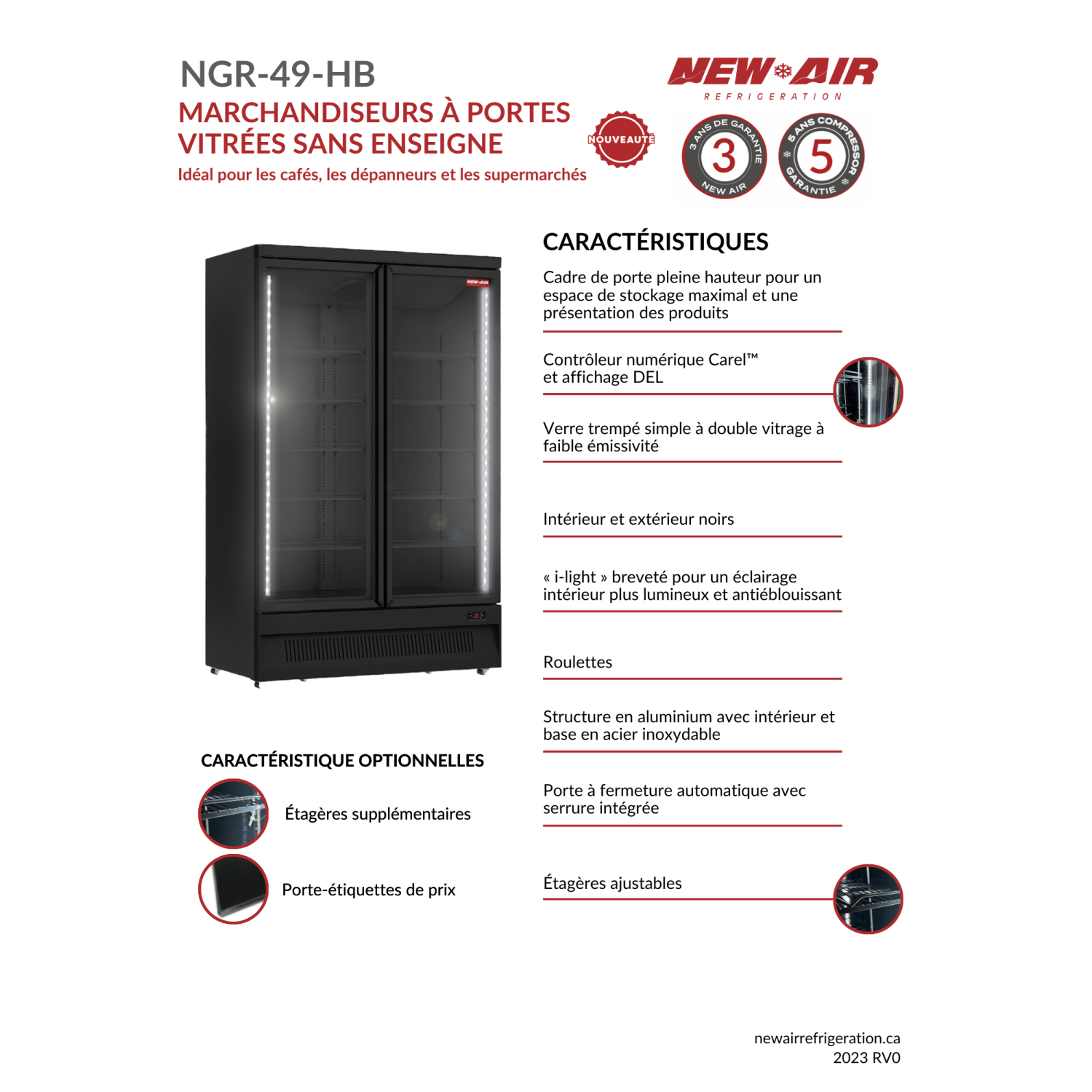 NEW AIR NGR-49-HB Commercial 49" Double Glass Door Refrigerator Merchandiser - Ideal for Convenience Stores, Front of House, Grocery Stores,