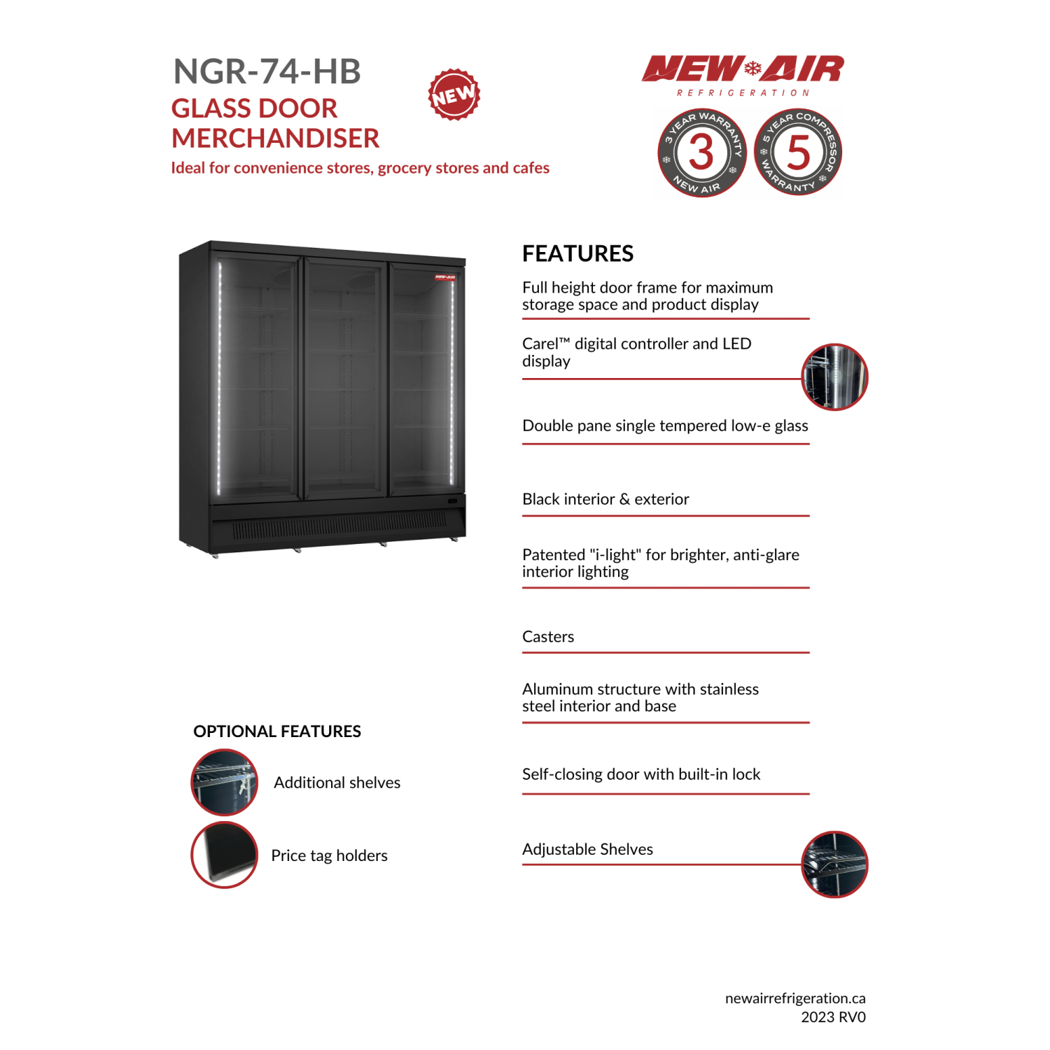 NOUVEAU présentoir commercial de réfrigérateur de 74&nbsp;po à trois portes en verre AIR NGR-74-HB – idéal pour les dépanneurs, l'avant du magasin,