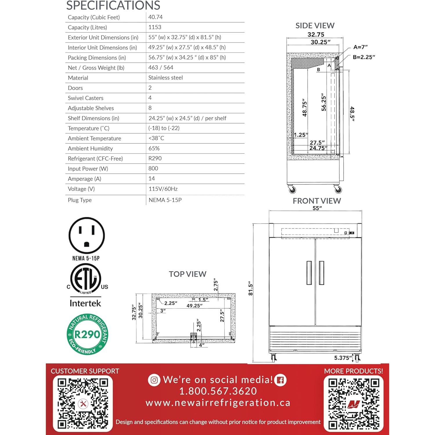 Nouveau Air commercial 54" 41 CU. avec CONGÉLATEUR À deux portes - acier inoxydable
