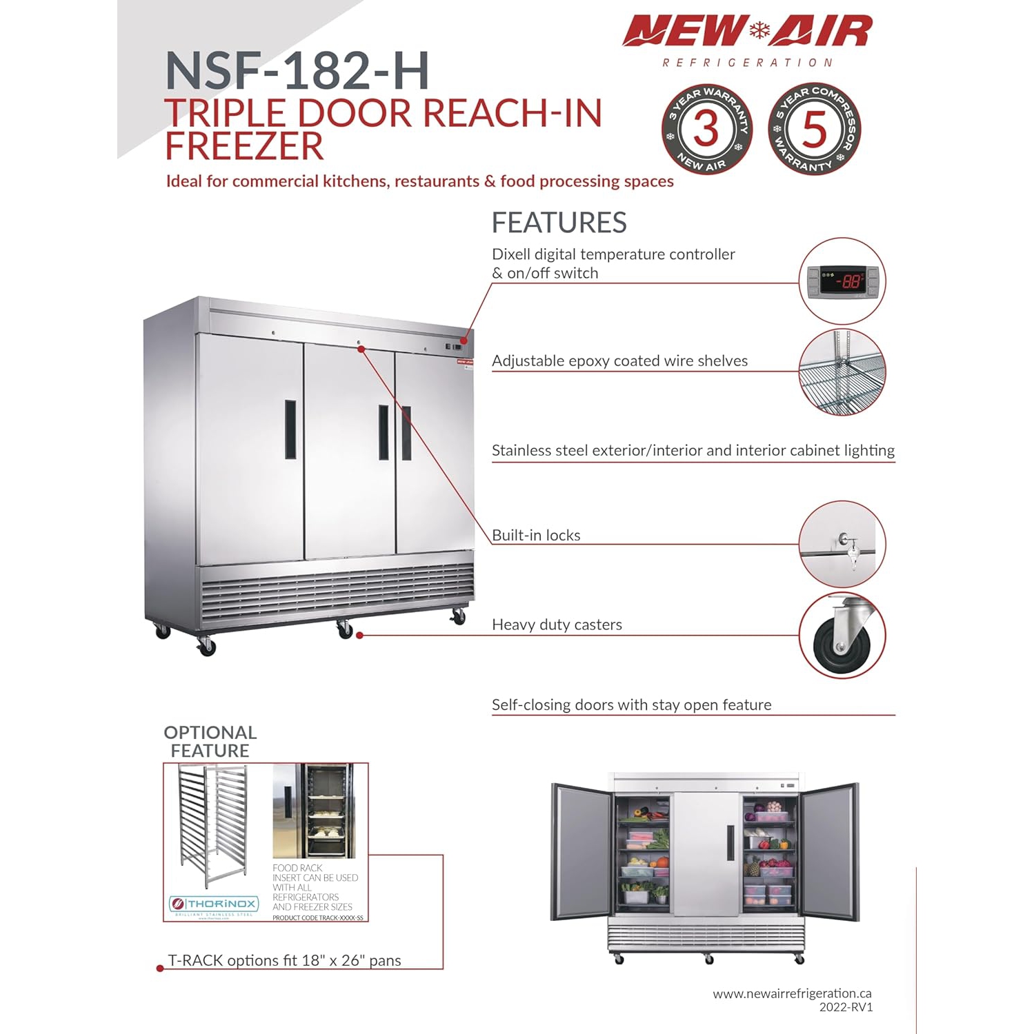 New Air Commercial 82″ 64.8 Cu. Ft. Triple Door FREEZER - Stainless Steel